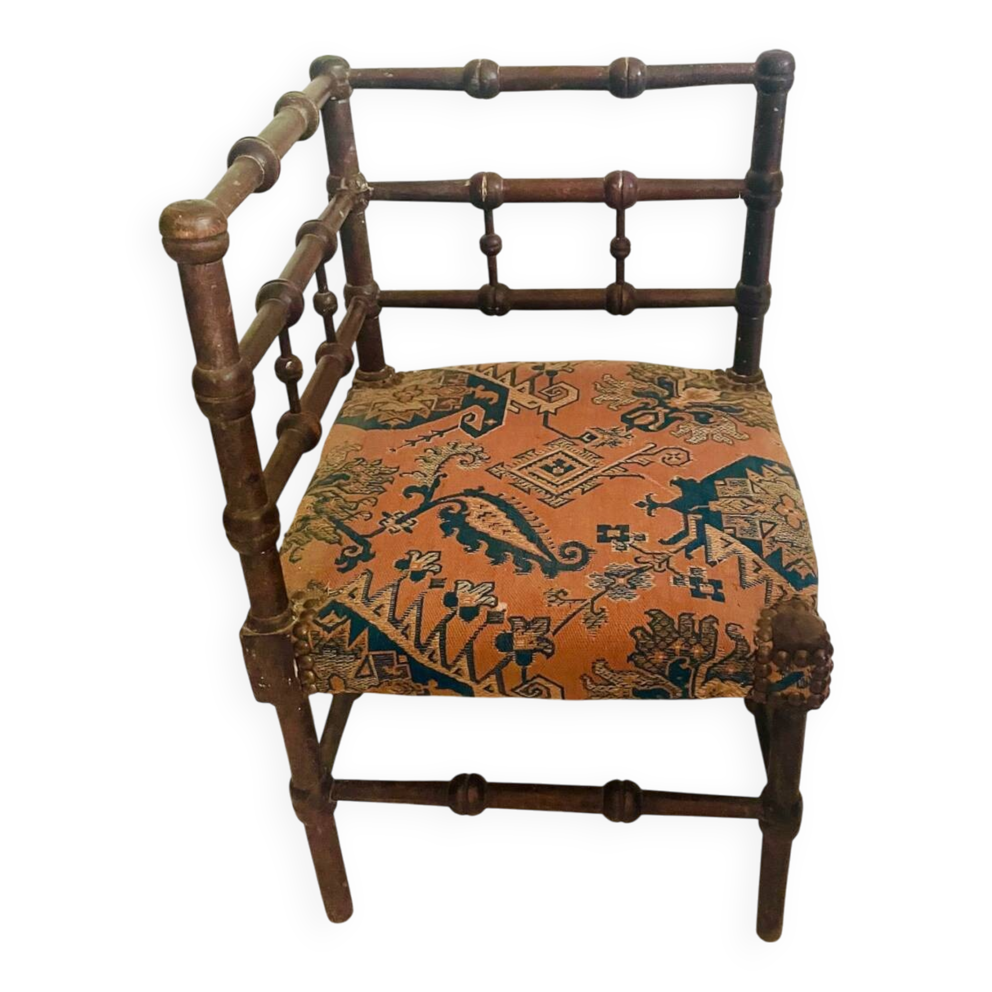 Vintage Art Deco corner chair in bobbin wood and fabric, circa 1930