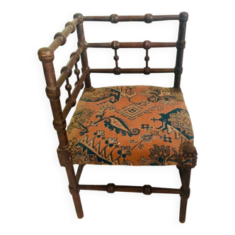 Chaise d'angle vintage Art Déco en bois bobbin et tissus, circa 1930