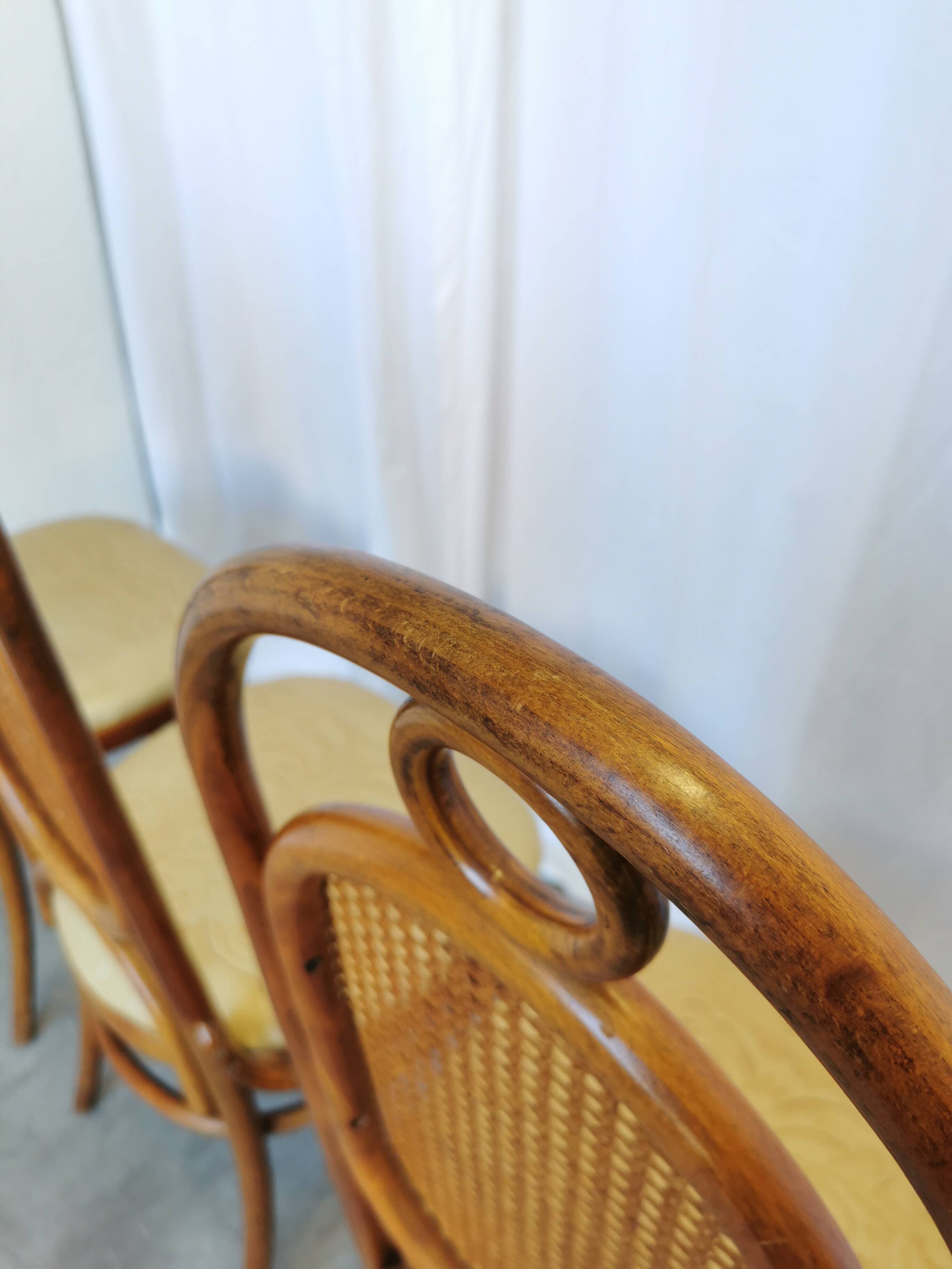 Set of 4 Vintage Bentwood Dining Chairs: Cane Back, Leather Seat, Thonet St