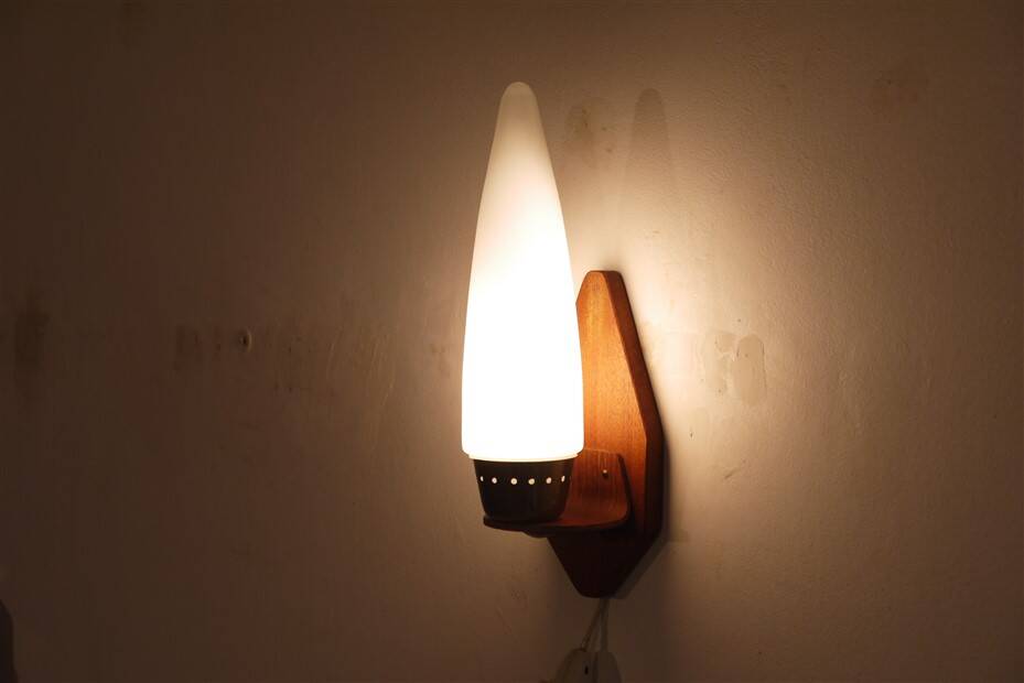 Danish teak and opaline wall lamp