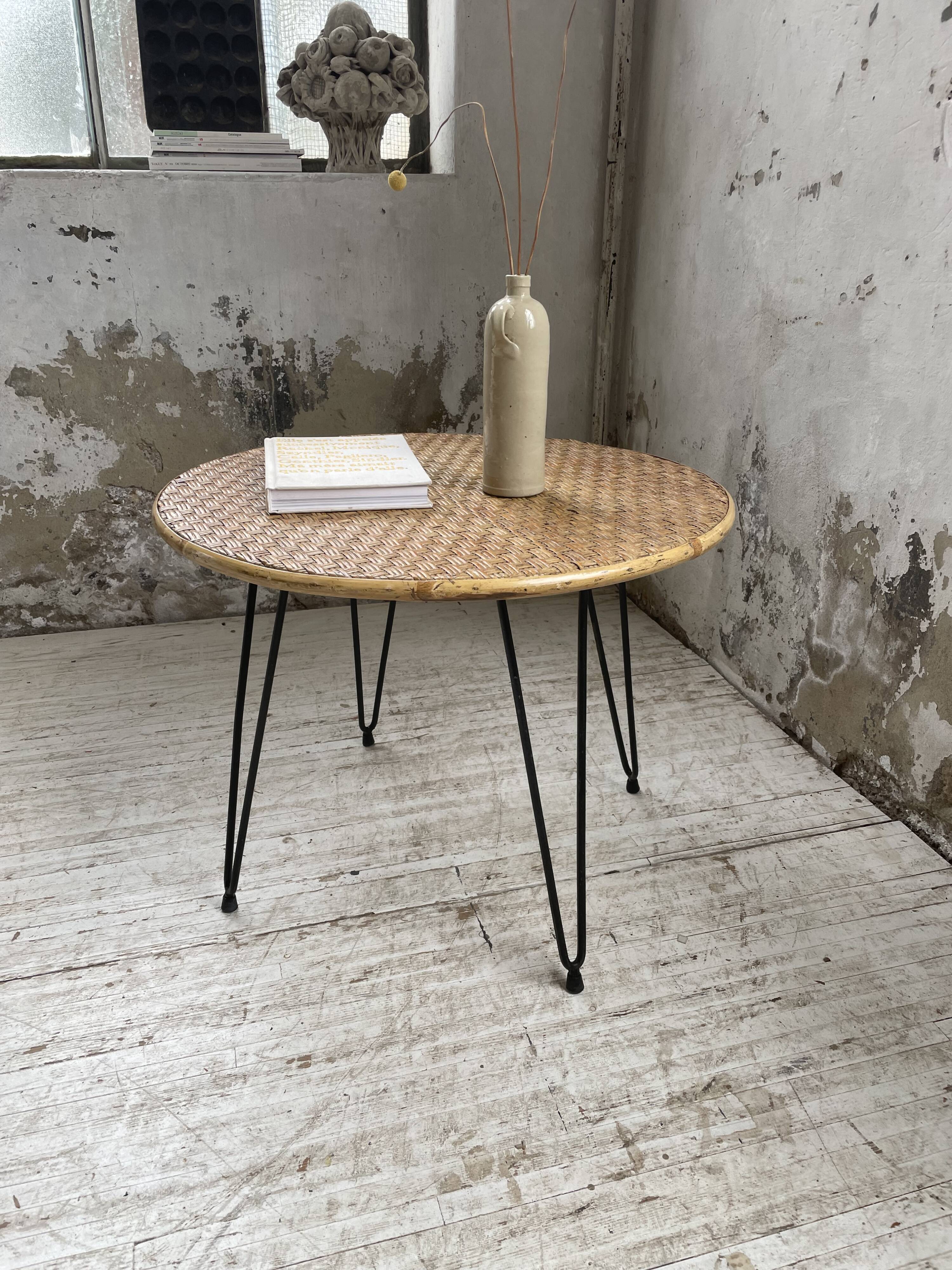 Wicker and metal coffee table from the 1950s