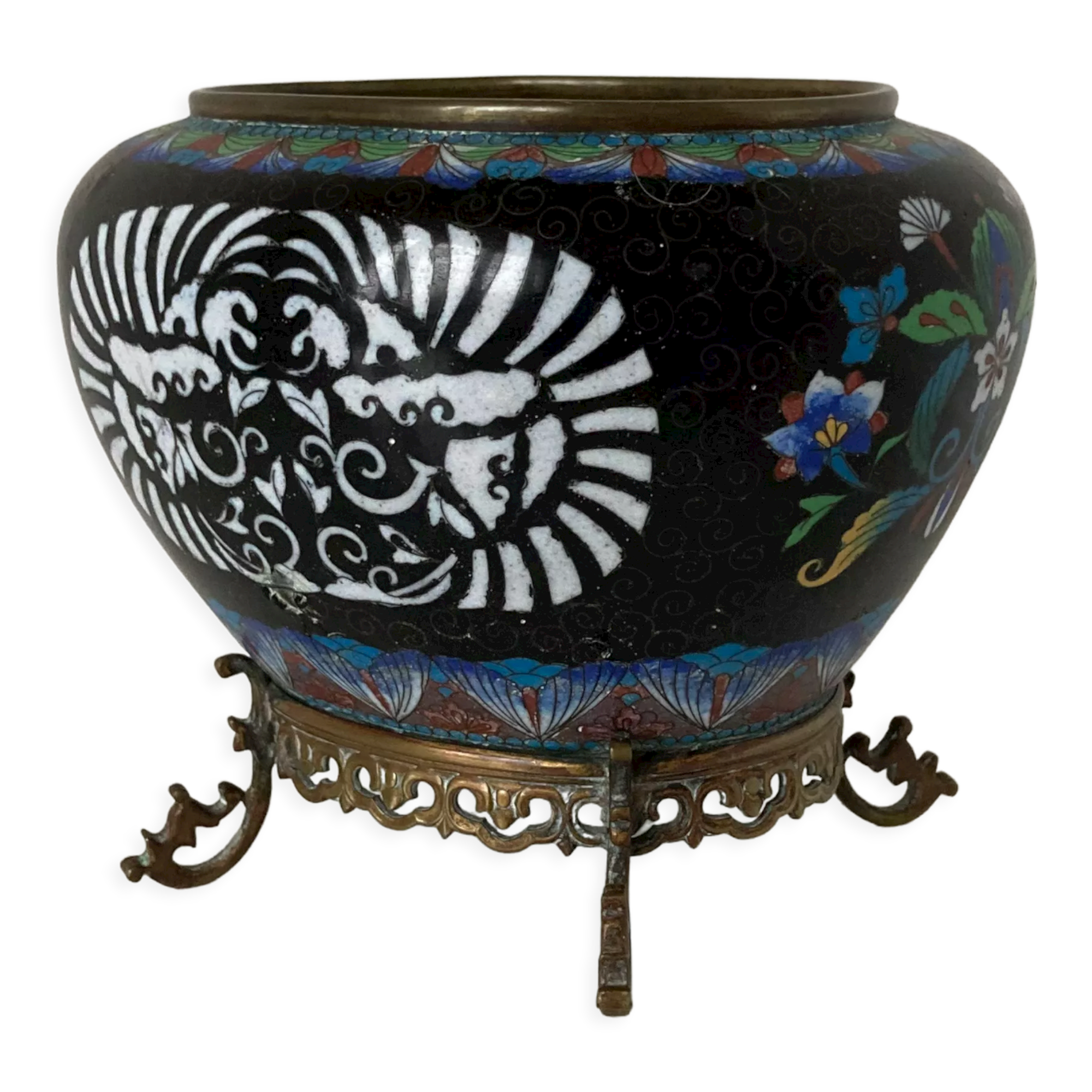 Beautiful planter in copper and polychrome cloisonné enamels Meiji period around 1900
