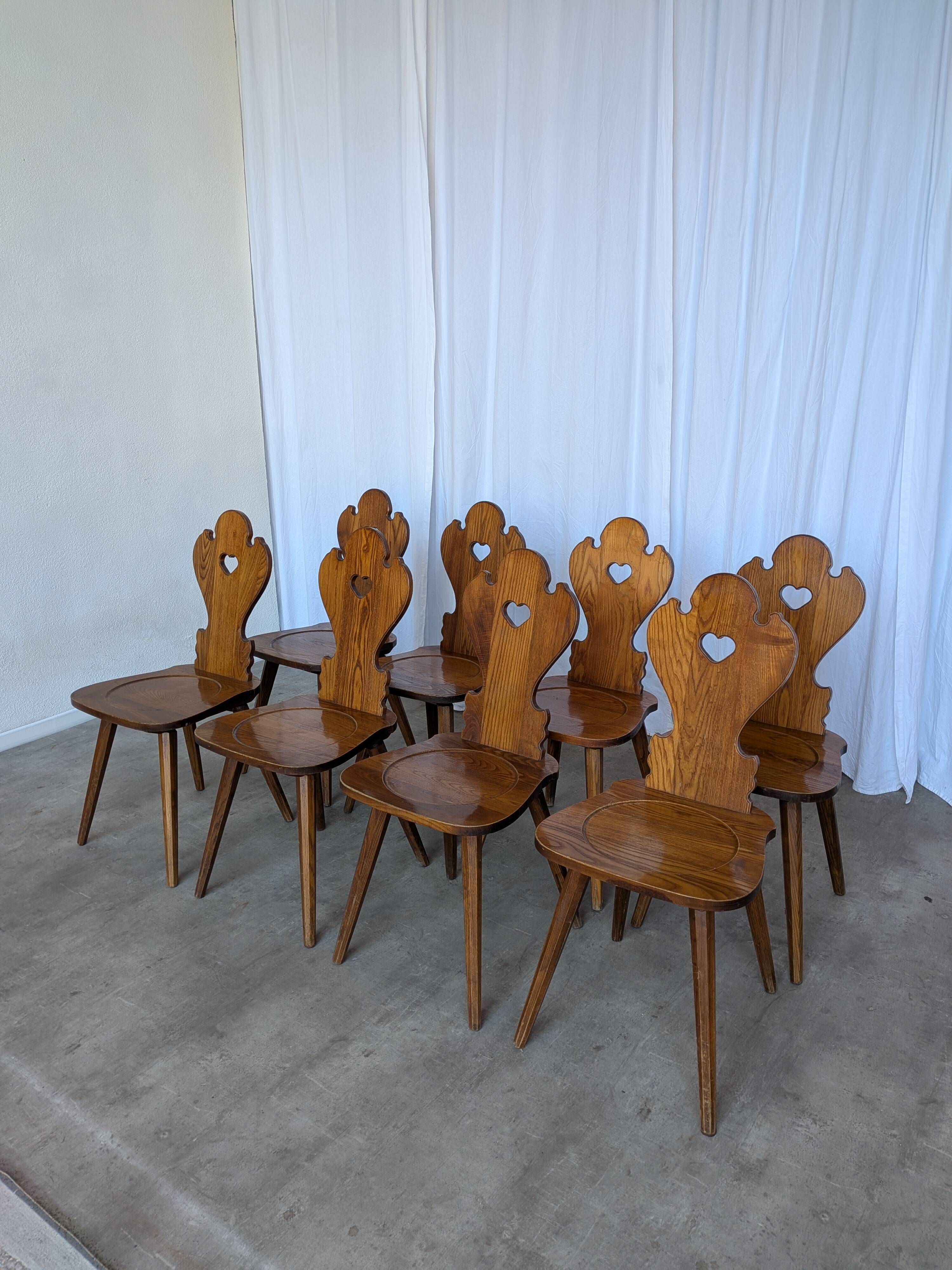 Set of 8 Farmhouse Tyrolean Chair with Heart Cutout Back / 1970s Vintage Di