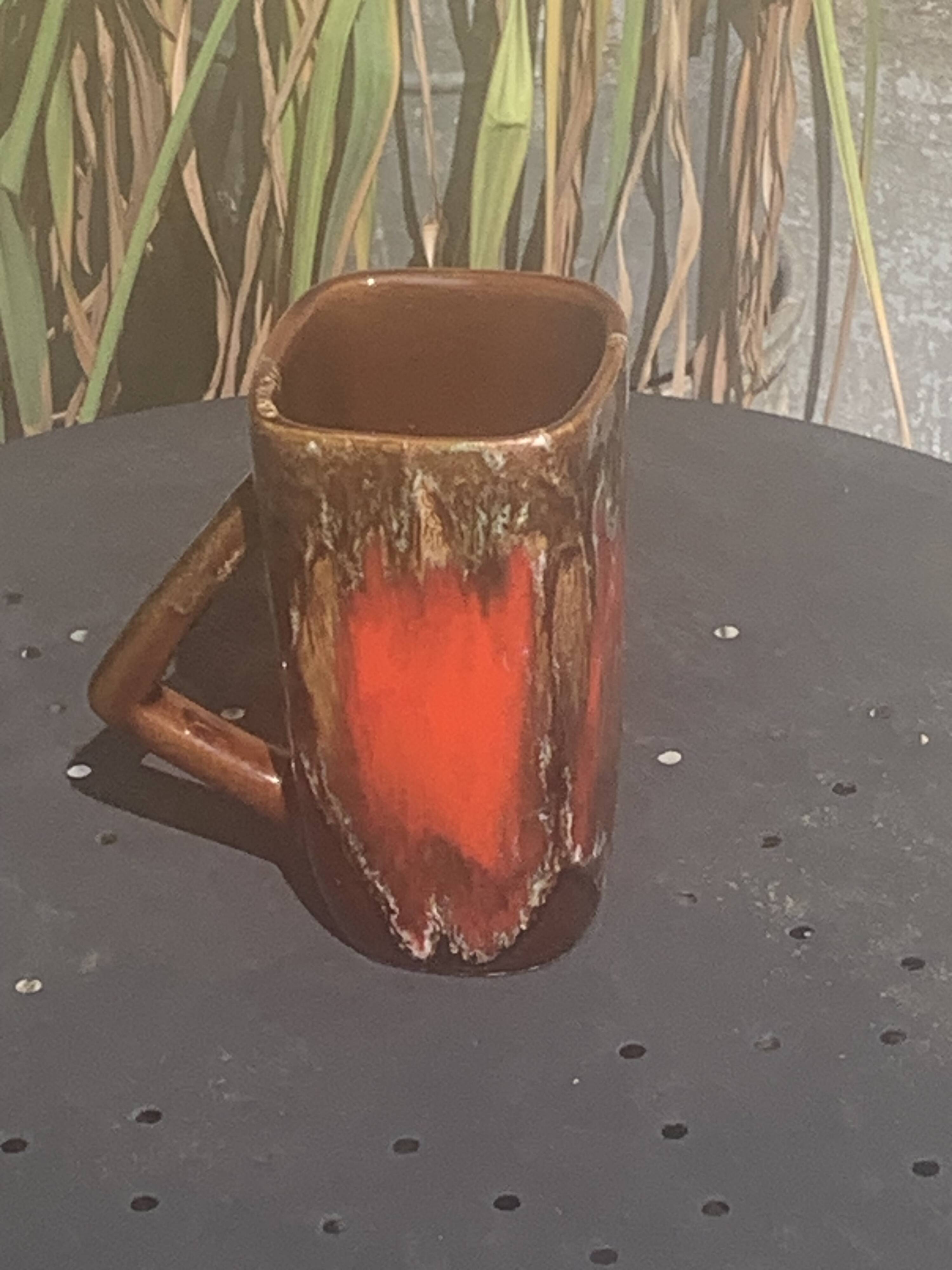 6 enamelled ceramic mugs, red and brown, Vallauris, vintage and designer