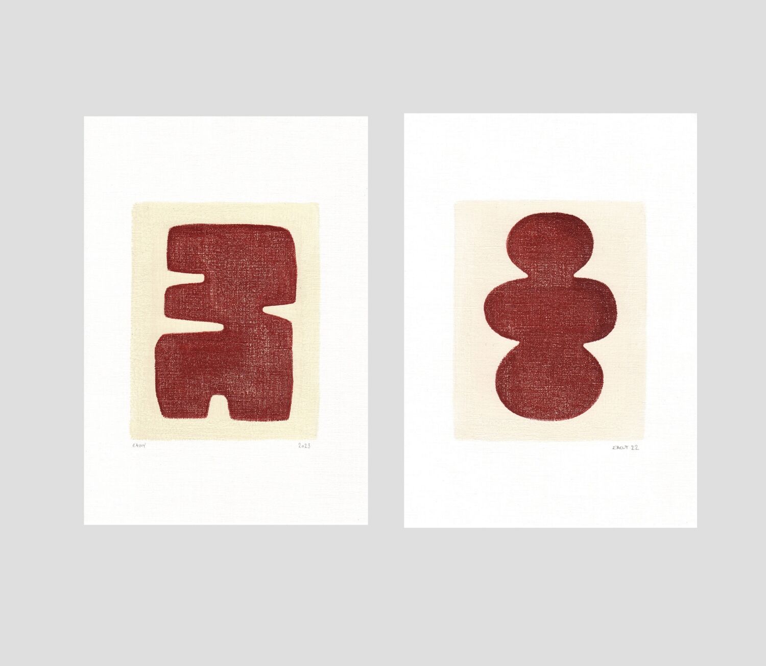 Duo de peintures sur papier - terracotta foncé - signées Eawy