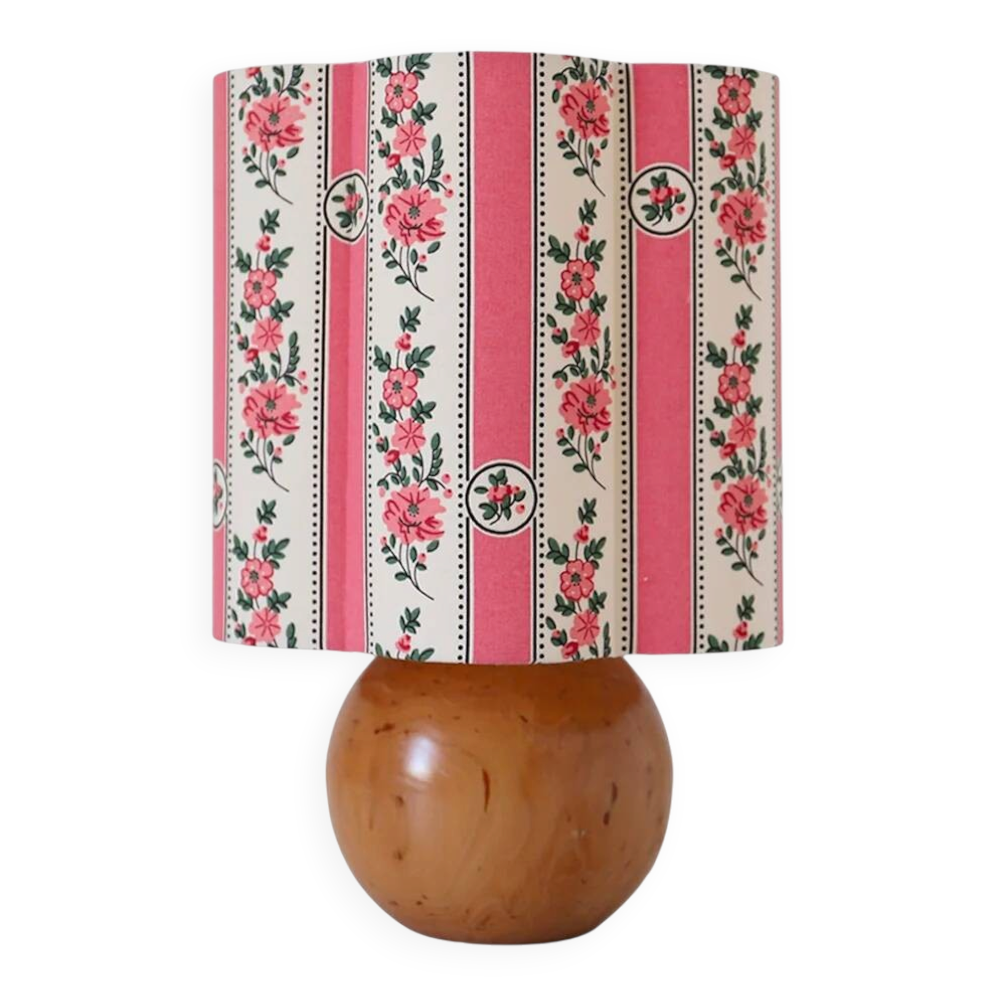 Lampe à poser pied boule années 70 et abat-jour imprimé