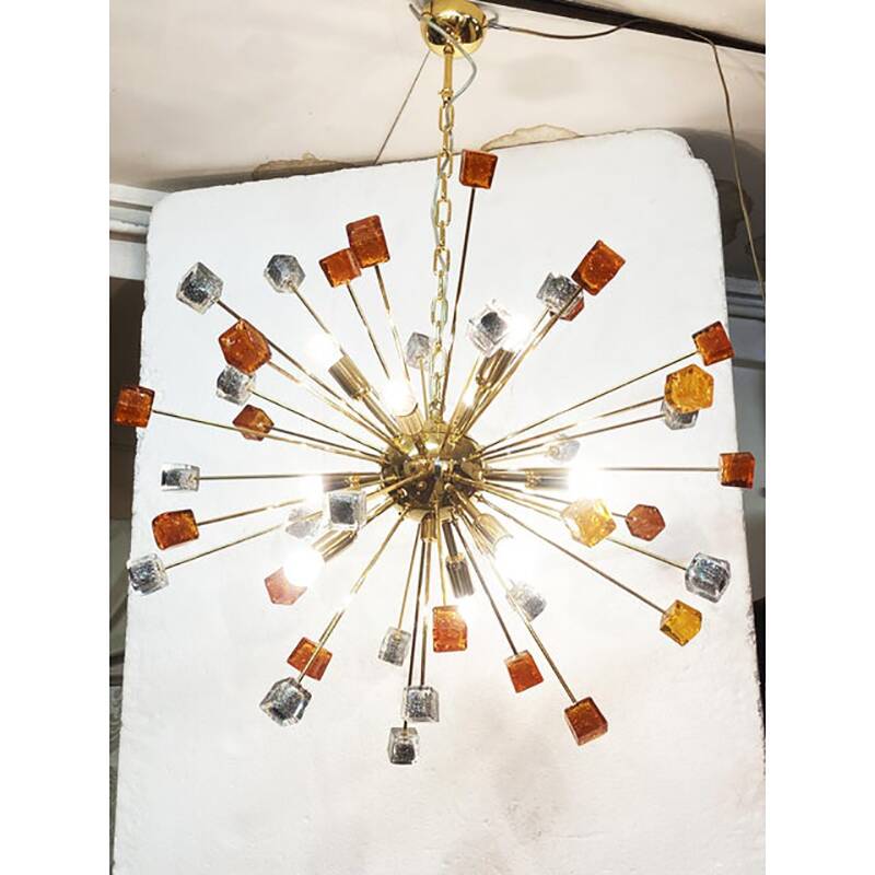 Contemporary Amber and Black Cubes Murano Glass Gold Sputnik Chandelier