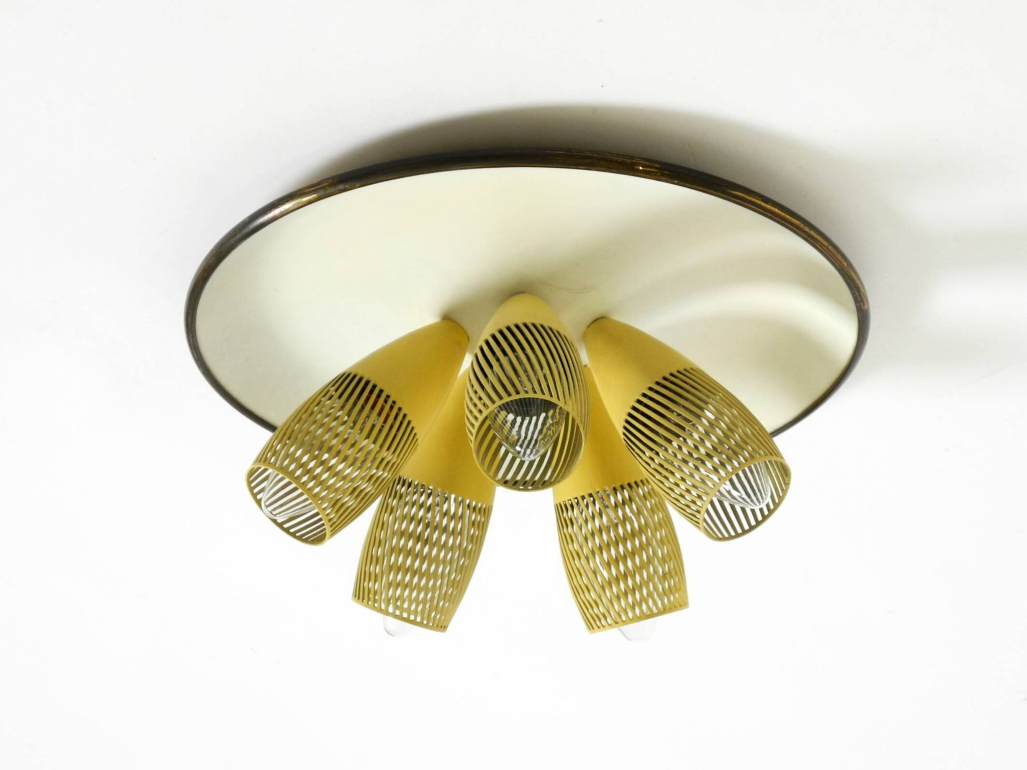 Very rare 5-arm mid-century modern metal bag ceiling lamp with round white