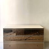 Ivory lacquered sideboard with polished finish and smoked mirror, JC Mahey design 1970.