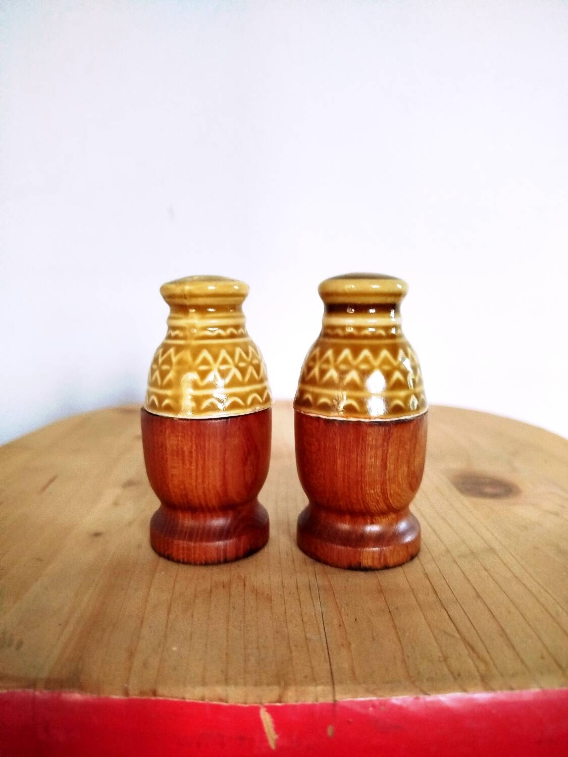Olive wood and ceramic salt and pepper shakers