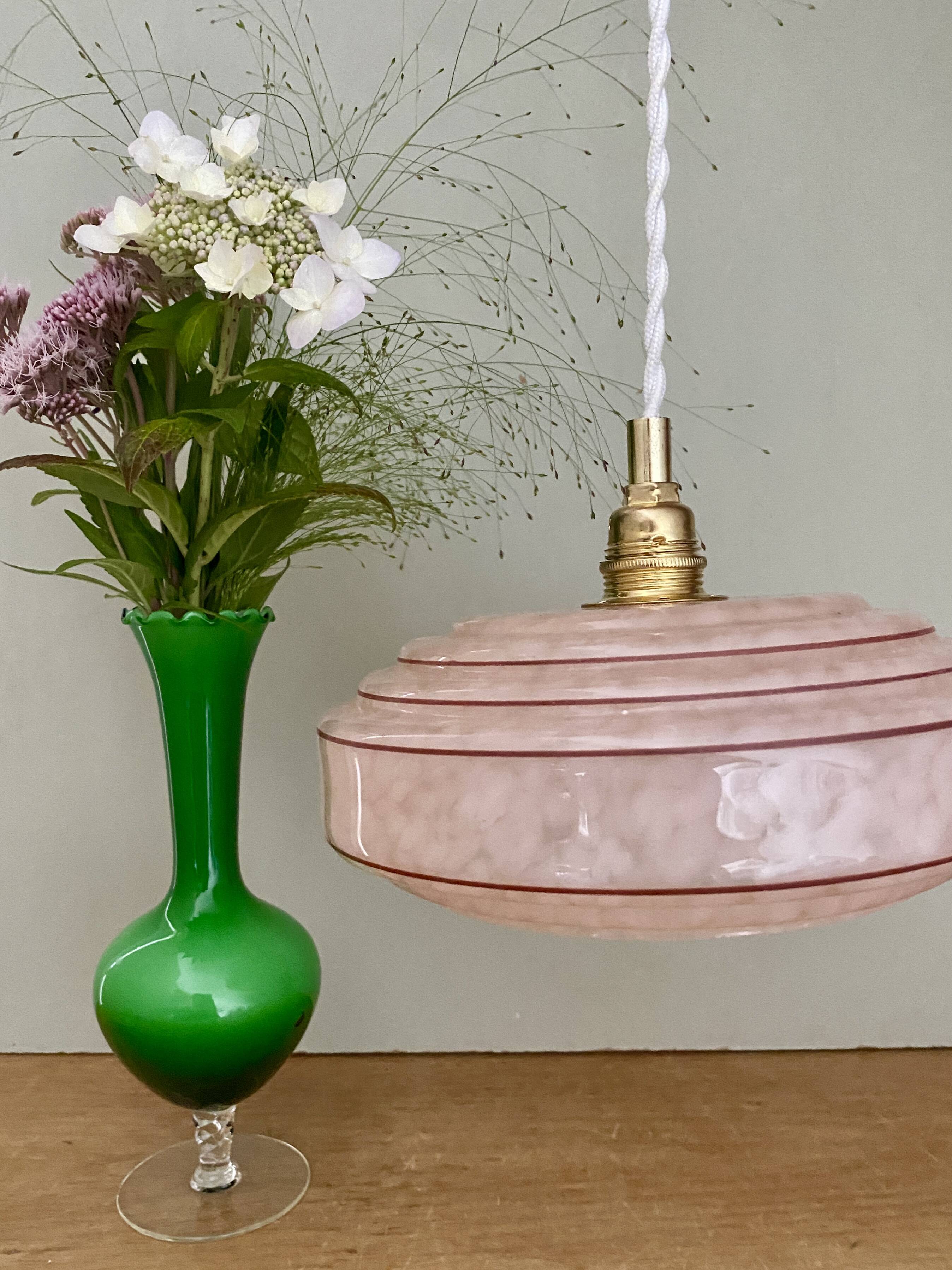 Vintage pink and red Clichy glass lampshade pendant light