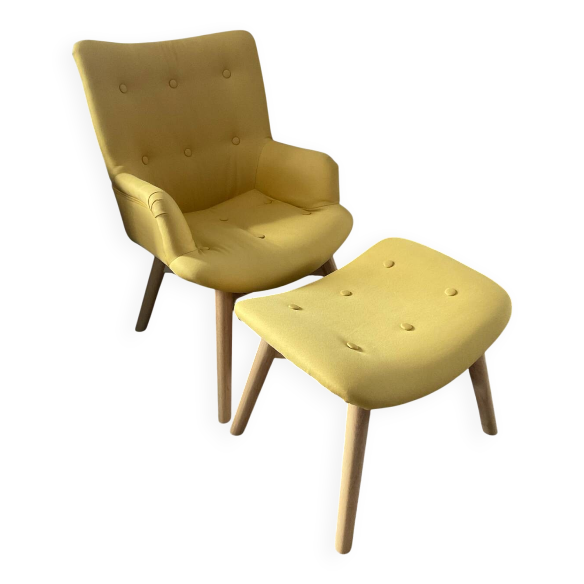 Armchair and ottoman set in beech and yellow fabric