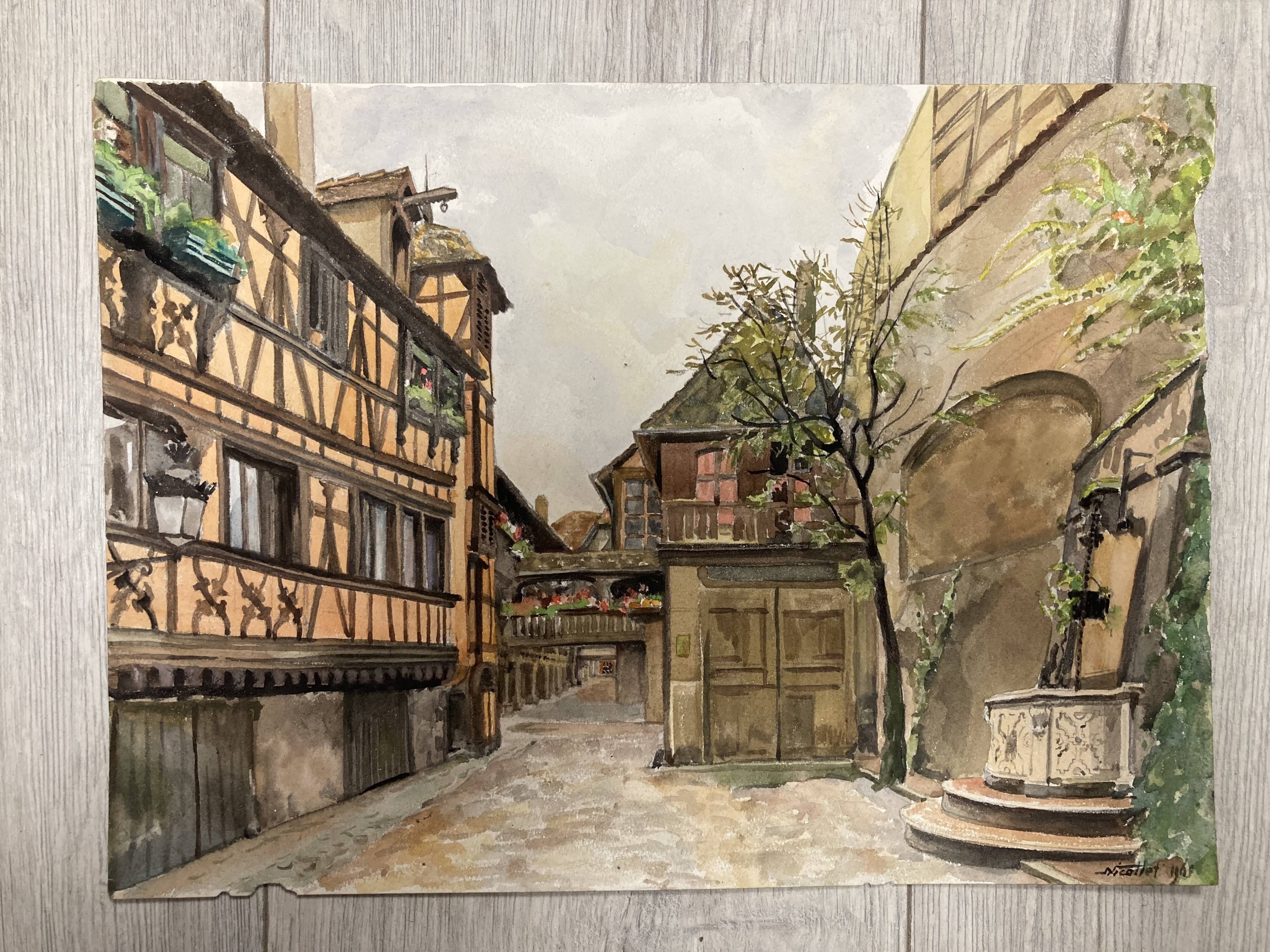 Watercolor vintage village view