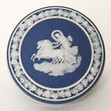 Pair of Wedgwood biscuit boxes with relief decoration of antique scenes