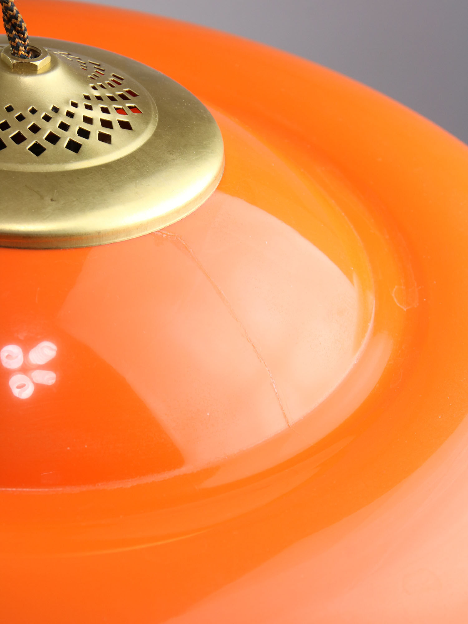 Space-age orange brass and plexiglass pendant lamp 70s