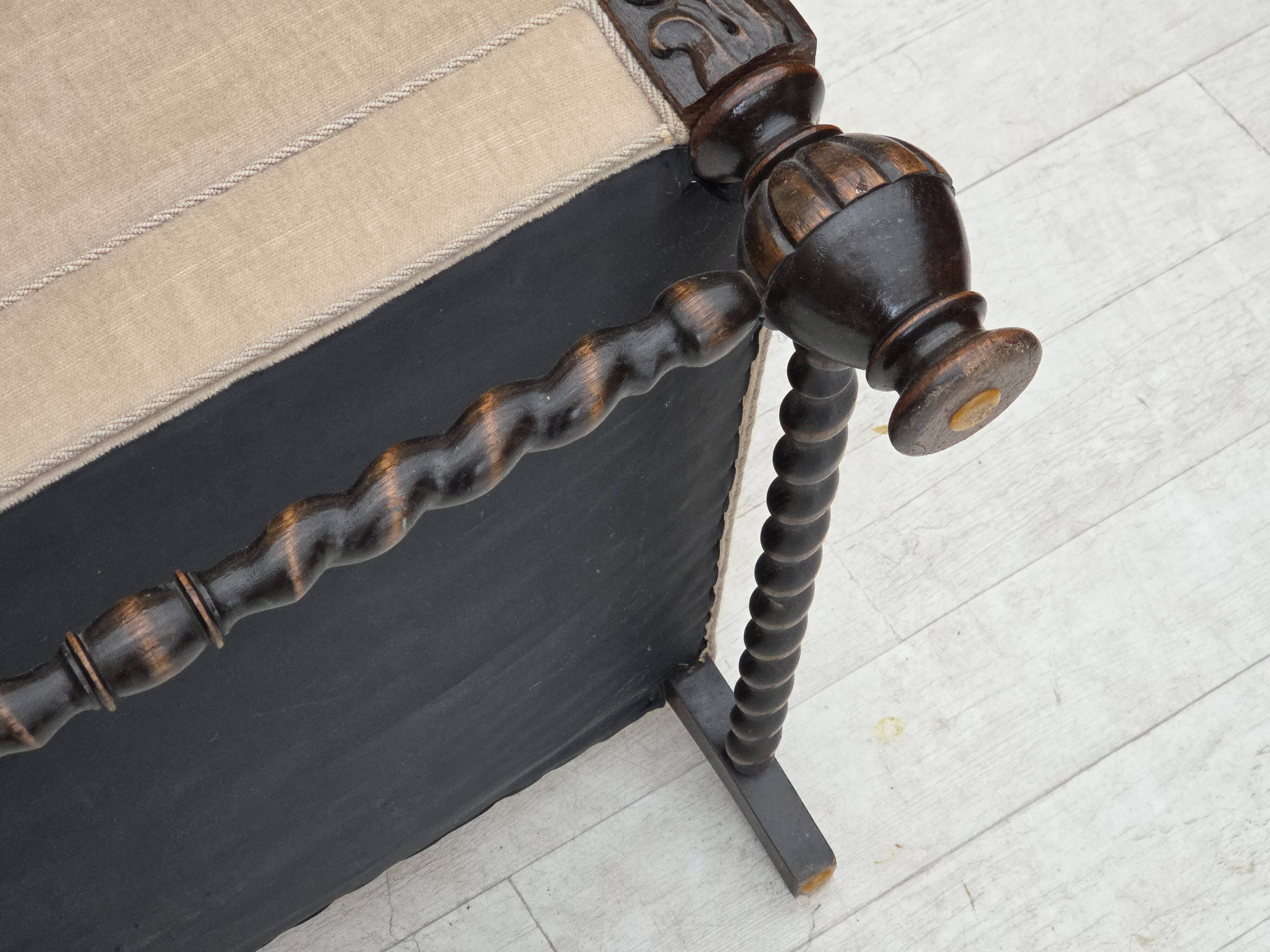 1960s, Danish wingback armchair, furniture velour, carved oak wood.