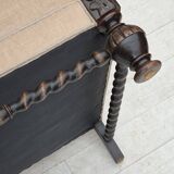 1960s, Danish wingback armchair, furniture velour, carved oak wood.