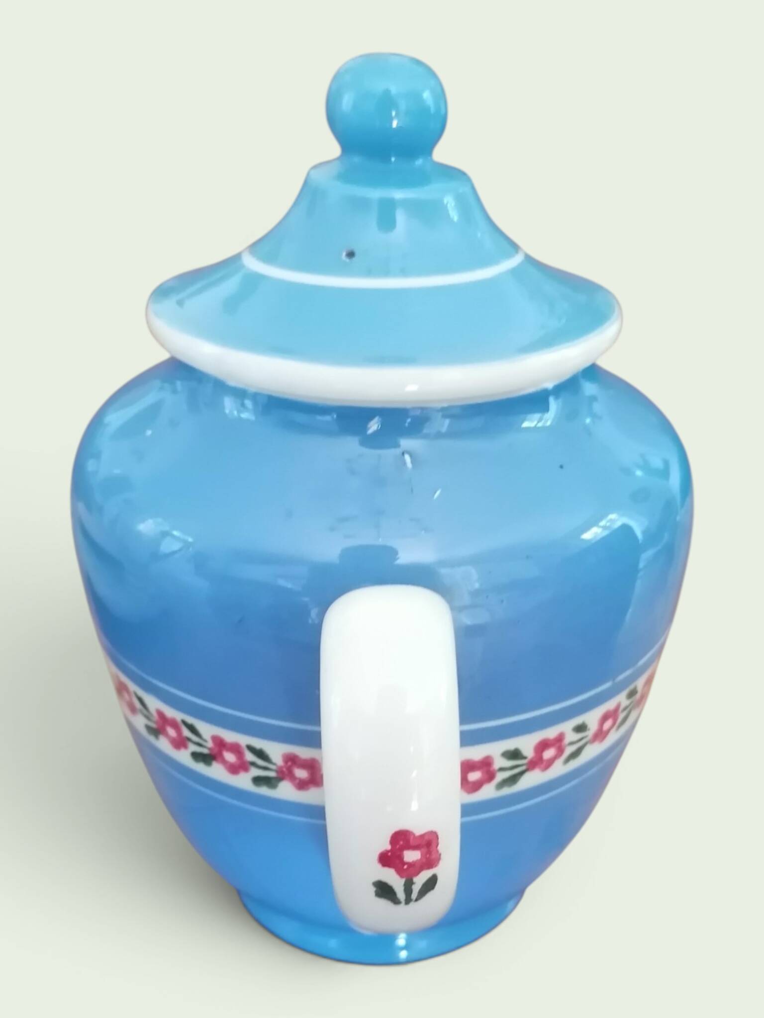 Service à thé en faience ancienne bleu et rose. Sarreguemine 1950