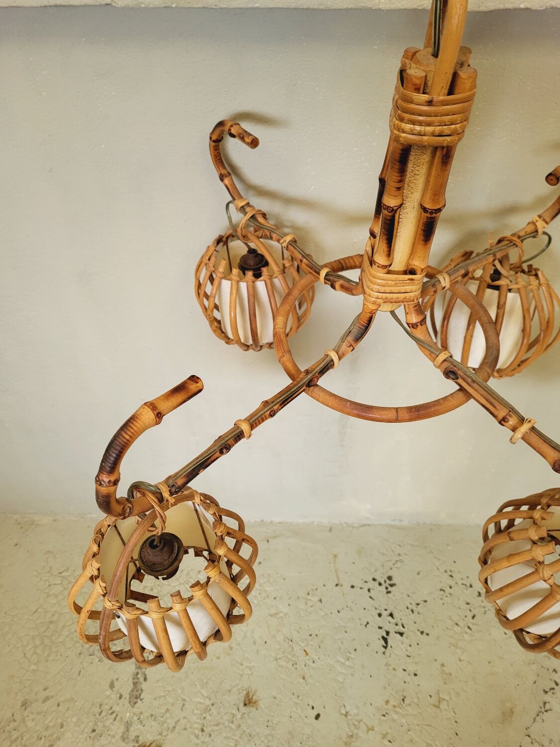 Vintage rattan chandelier 60s 4 branches