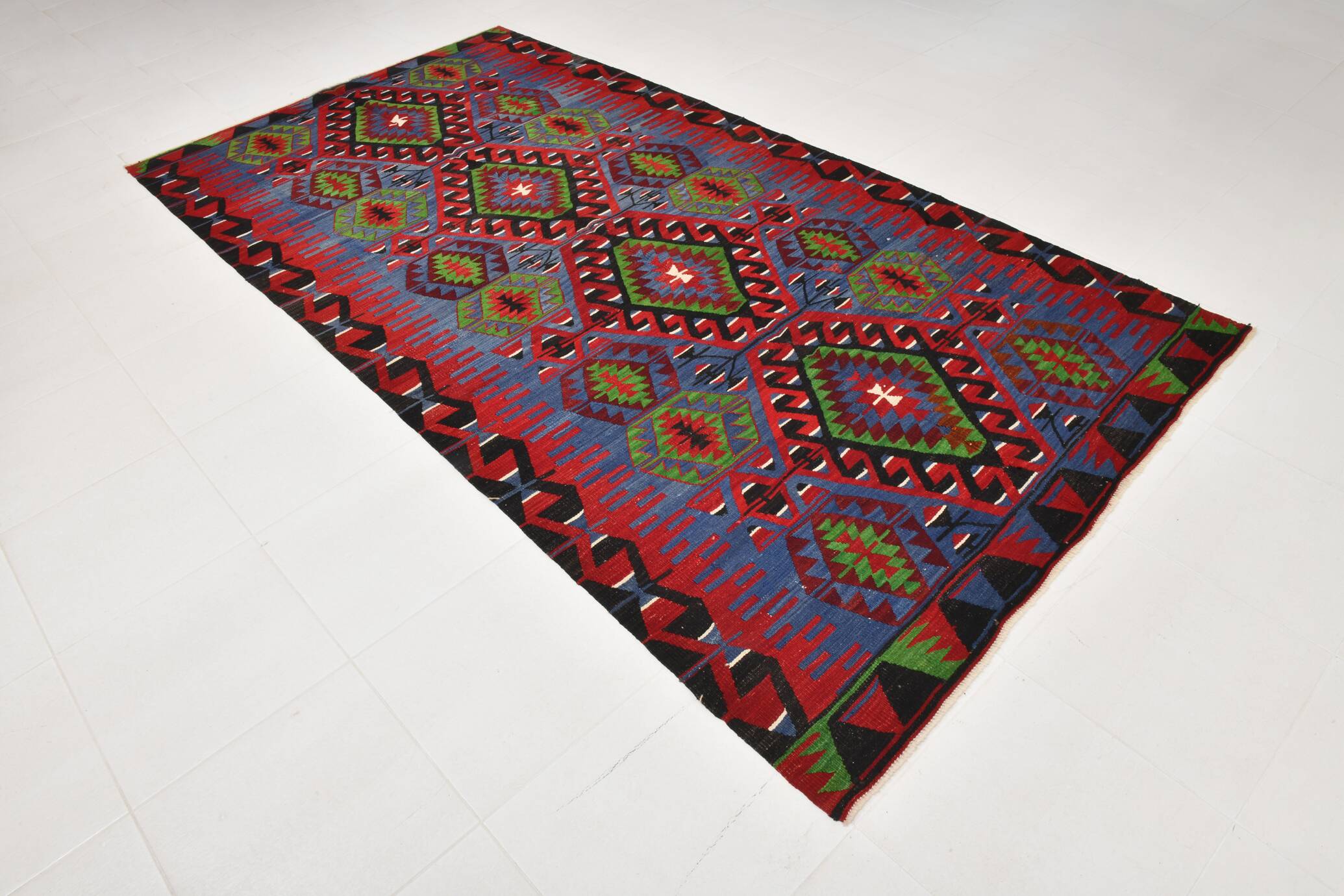 Geometric Blue & Green Vintage Kilim Rug, 154x305Cm