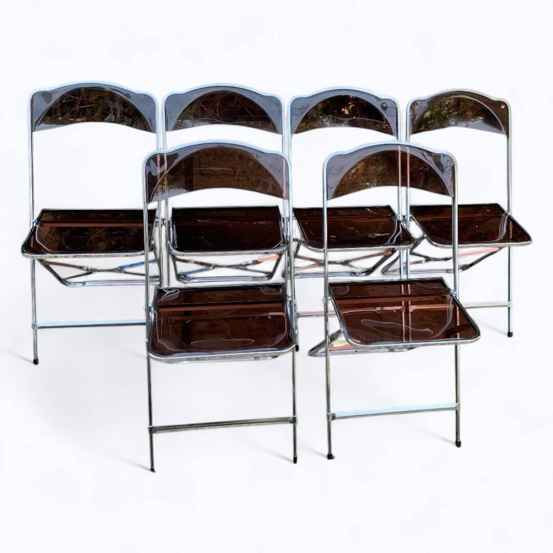 6 chaises pliantes en Plexiglas fumé et métal chrome Chaisor 1970