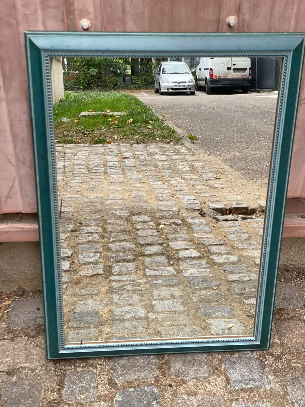 Large wall mirror 50x70 cm — Patinated & beaded blue petrol wooden frame