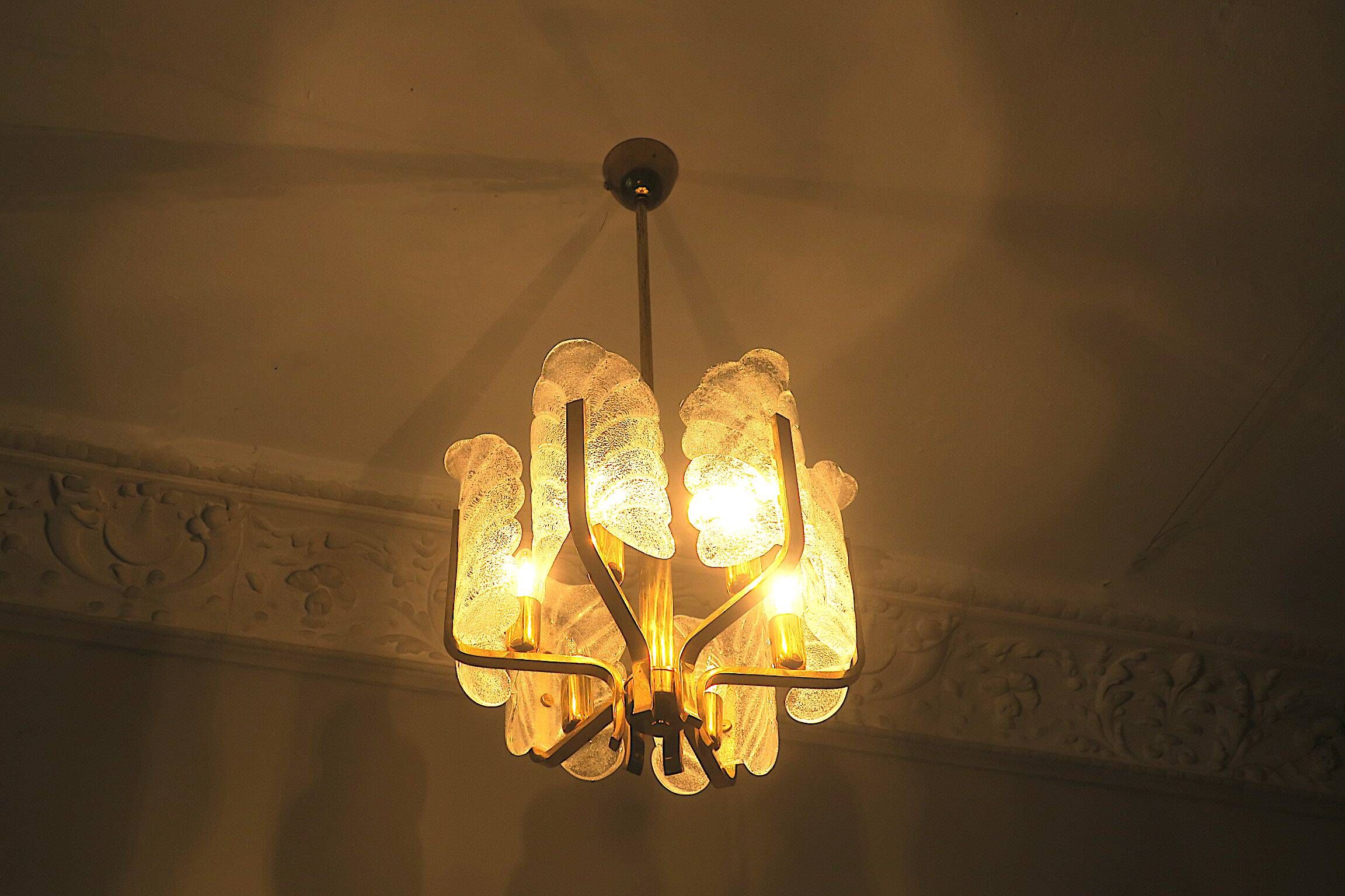 Carl Fagerlund brass and glass acanthus leaf chandelier, Sweden 1960s