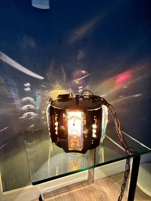 Vintage Brass Pendant Lamp Iridescent Murano Glass