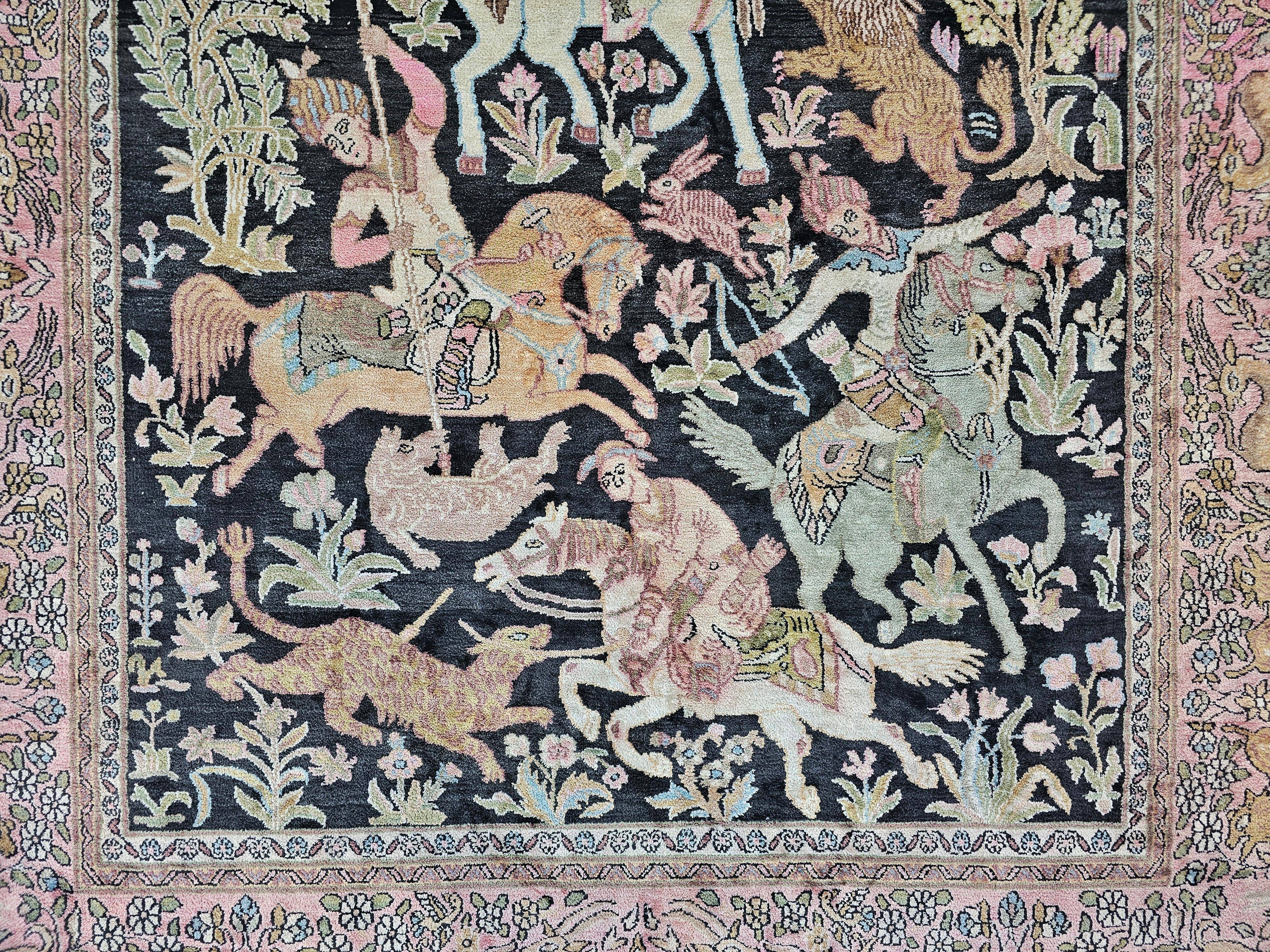 Tapis en soie Qom (soie sur coton) scène de chasse Cachemire 1950s