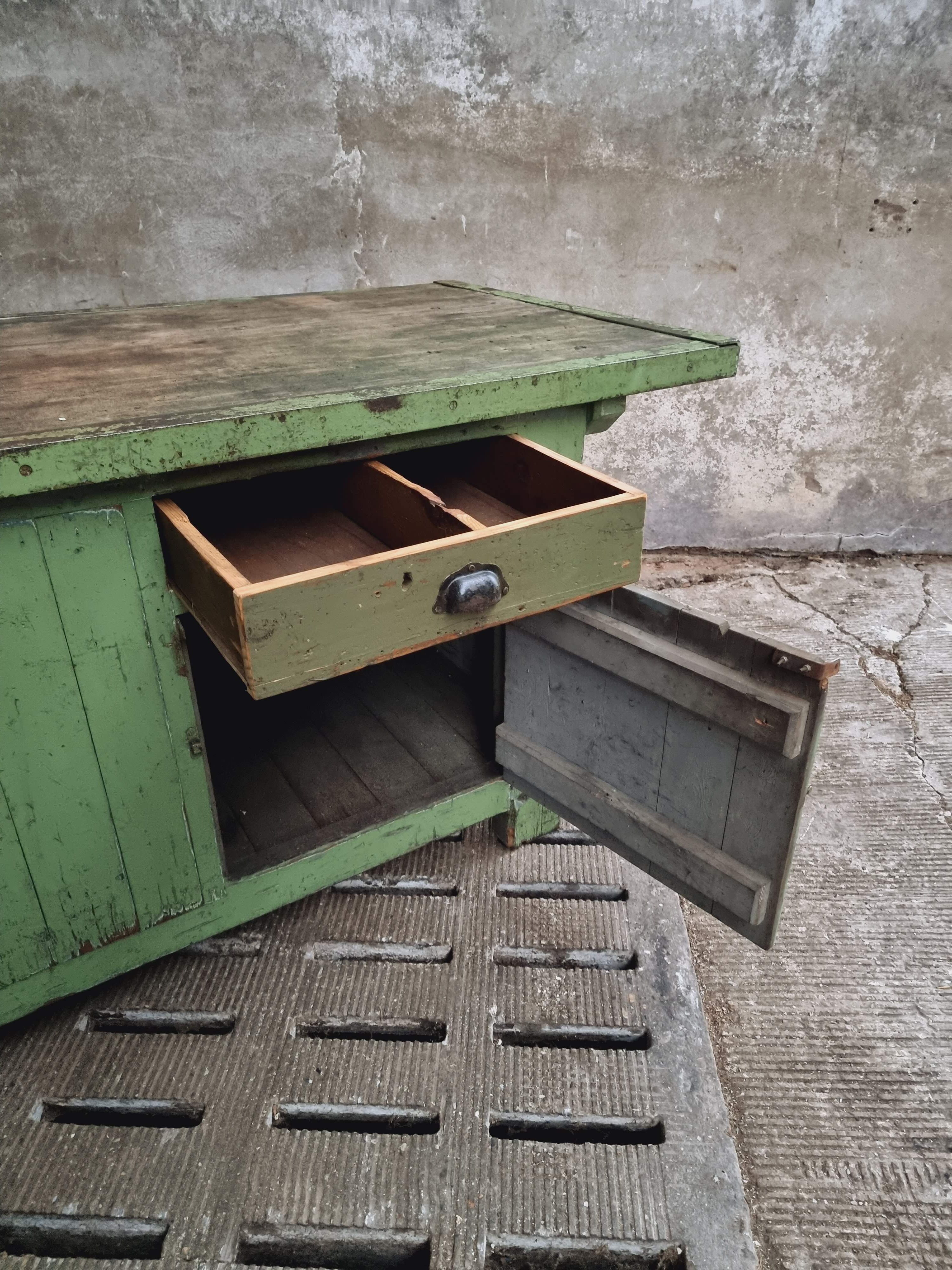 Antique workbench green kitchen island