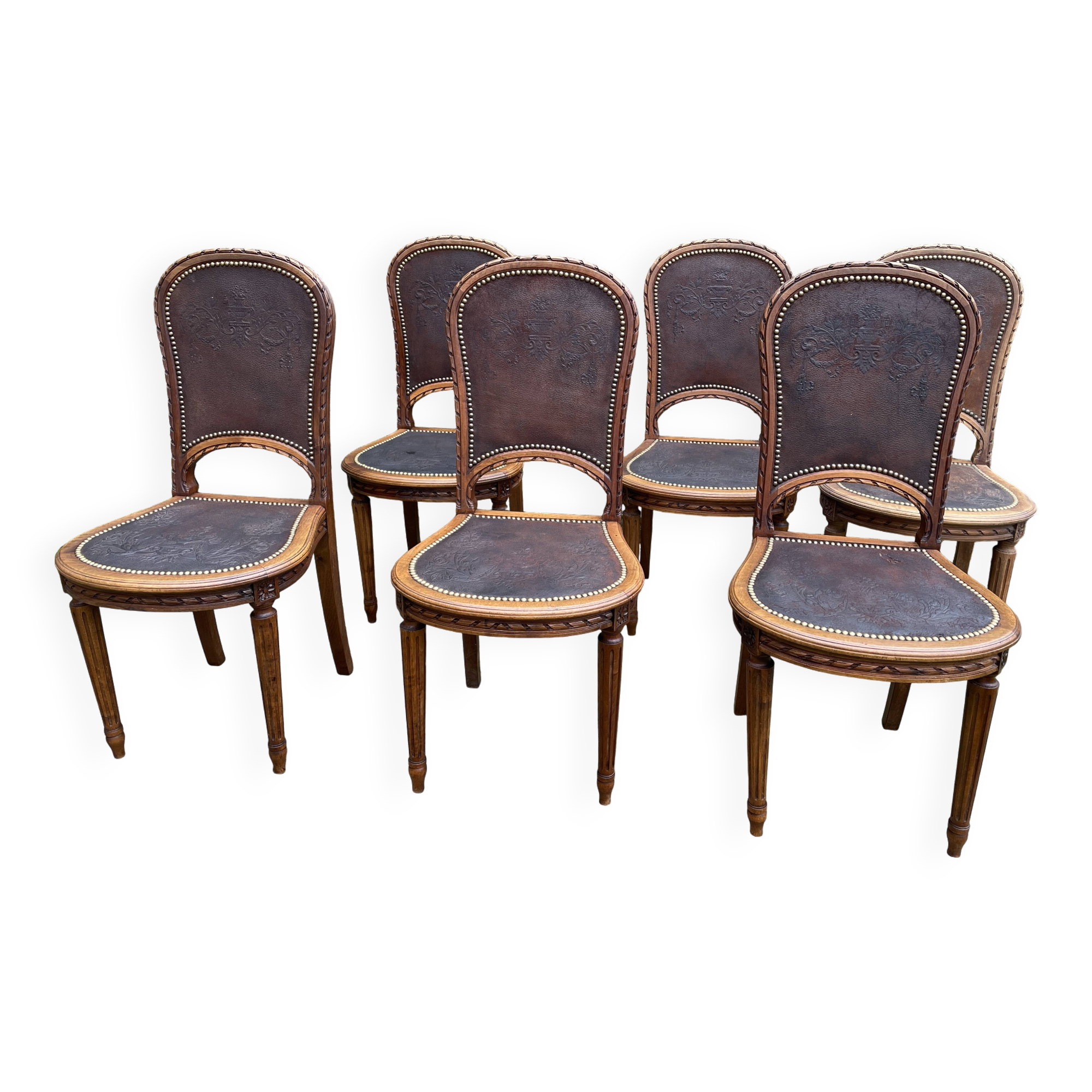 6 Louis XVI style chairs in solid beech and Cordovan leather, 1900