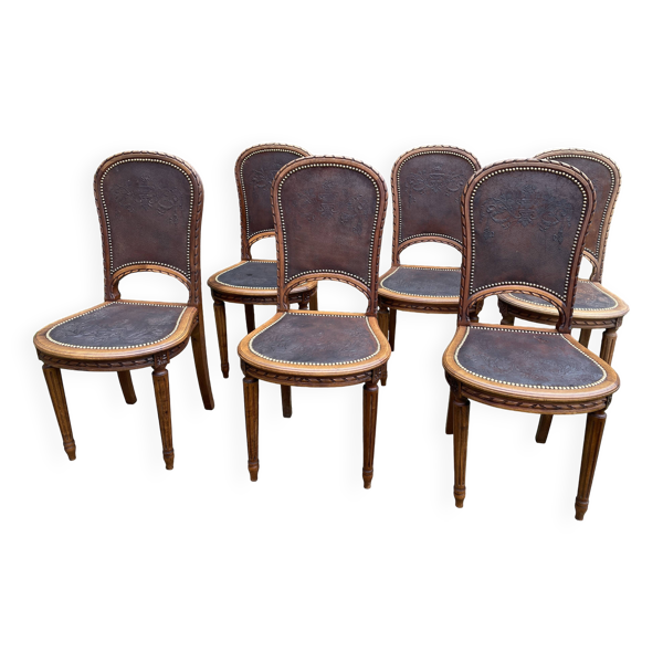 6 chaises de style Louis XVI en hêtre massif et cuir de Cordoue, 1900