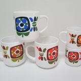 Three mugs and two cups decoration flowers design Jean-Charles Meunier 70s