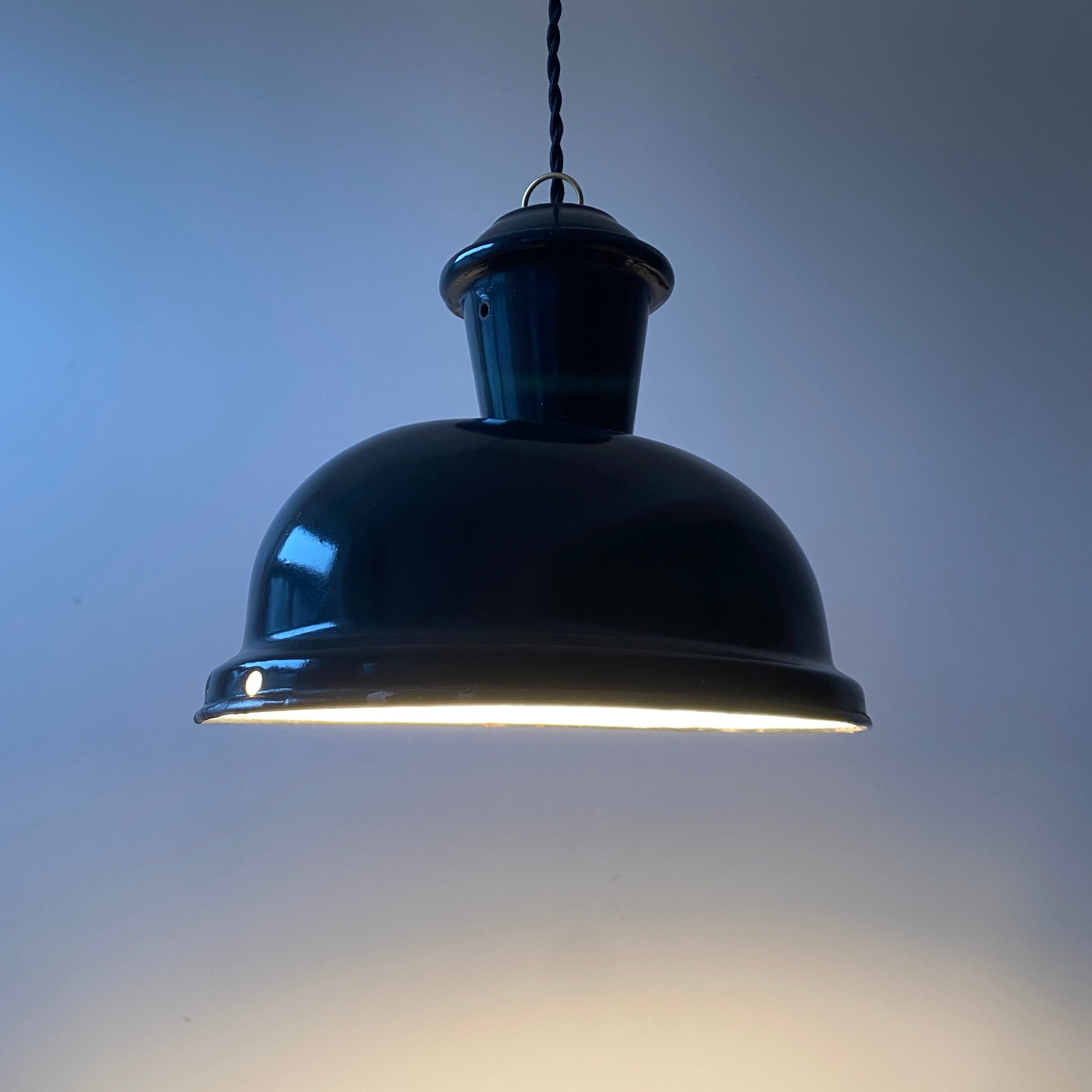 Old oval enamelled industrial hanging lamp