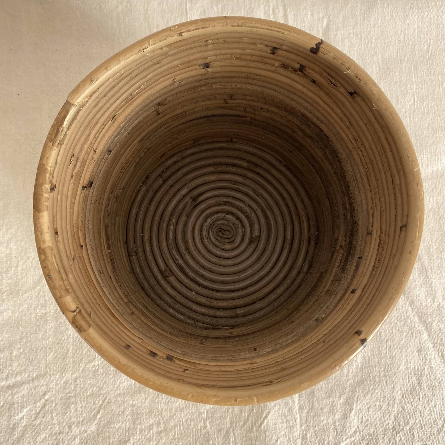 Vintage rattan cache pot in the style of Gabriella Crespi.