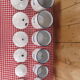6 old spice pots in white and blue enamelled sheet metal