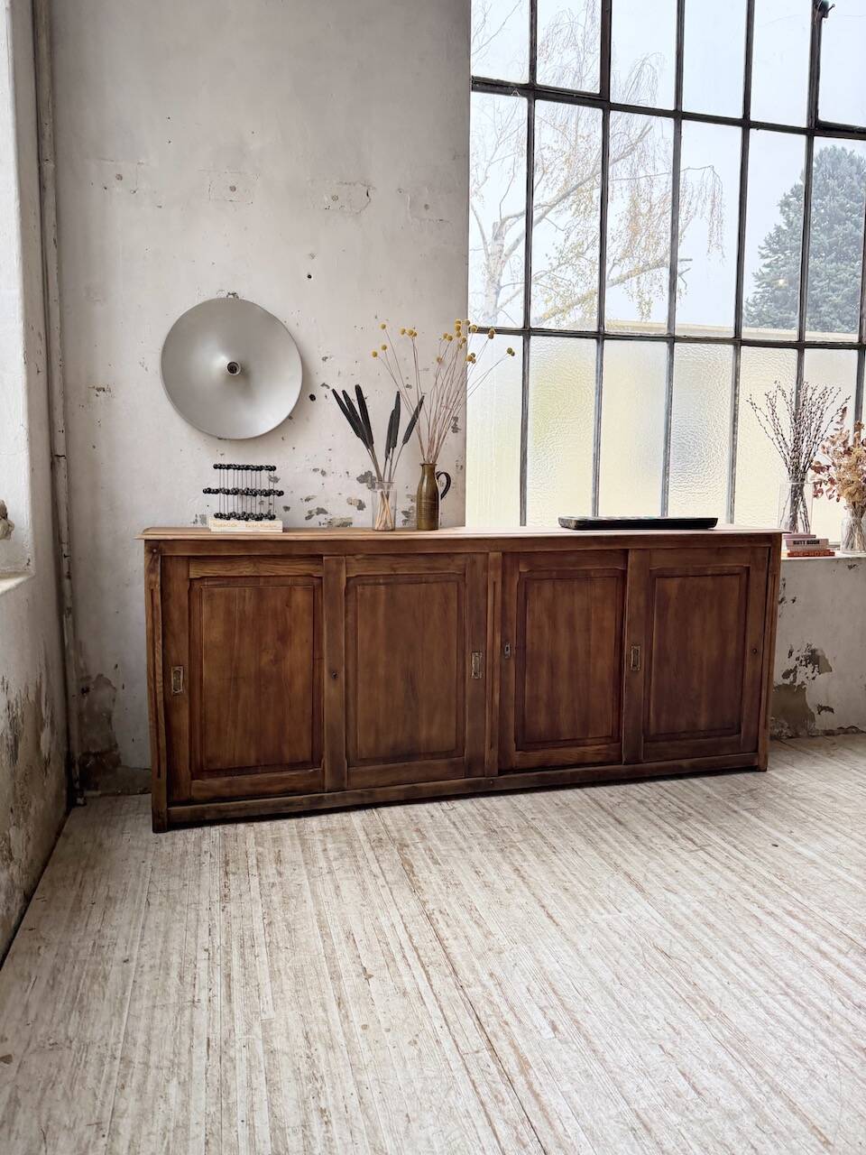 XL oak workshop sideboard with sliding doors from 1900