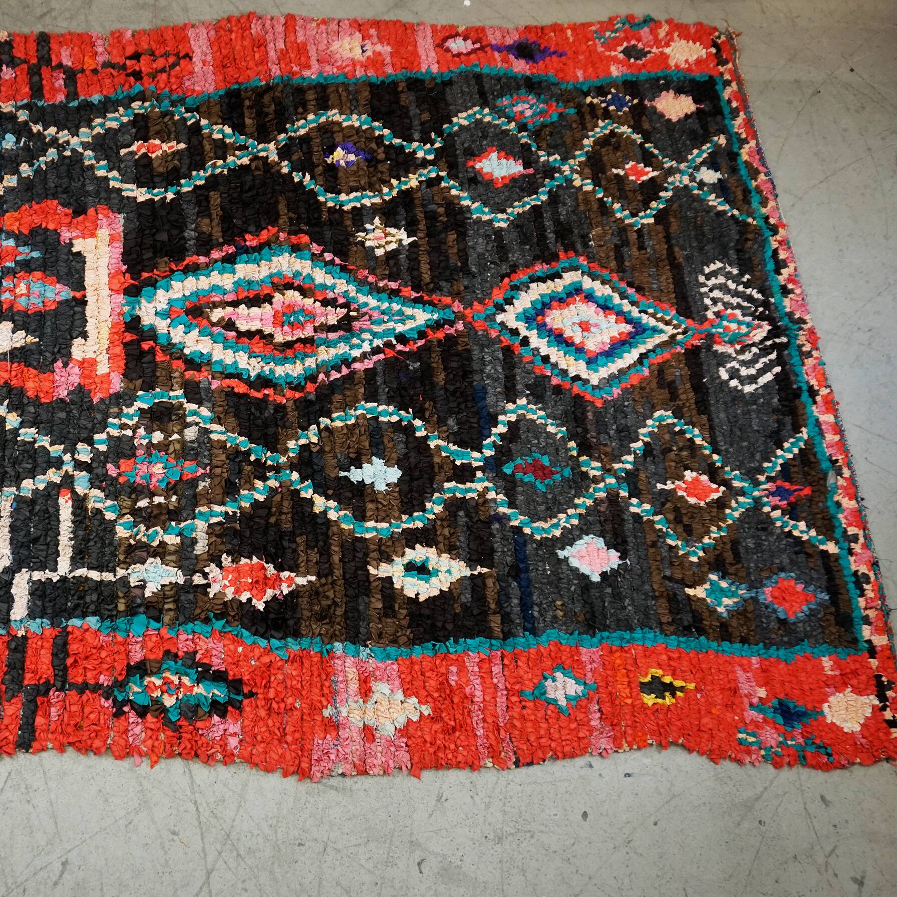 Multicoloured hand-knotted Moroccan Berber Boucherouit rug, vintage.