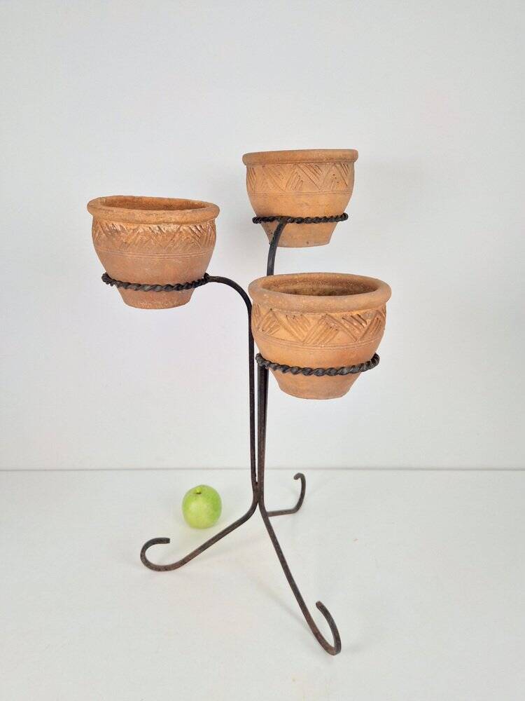 Brutalist Wrought Iron Plant Stand with Handmade Terracotta Pots, 1970s, Set of 4