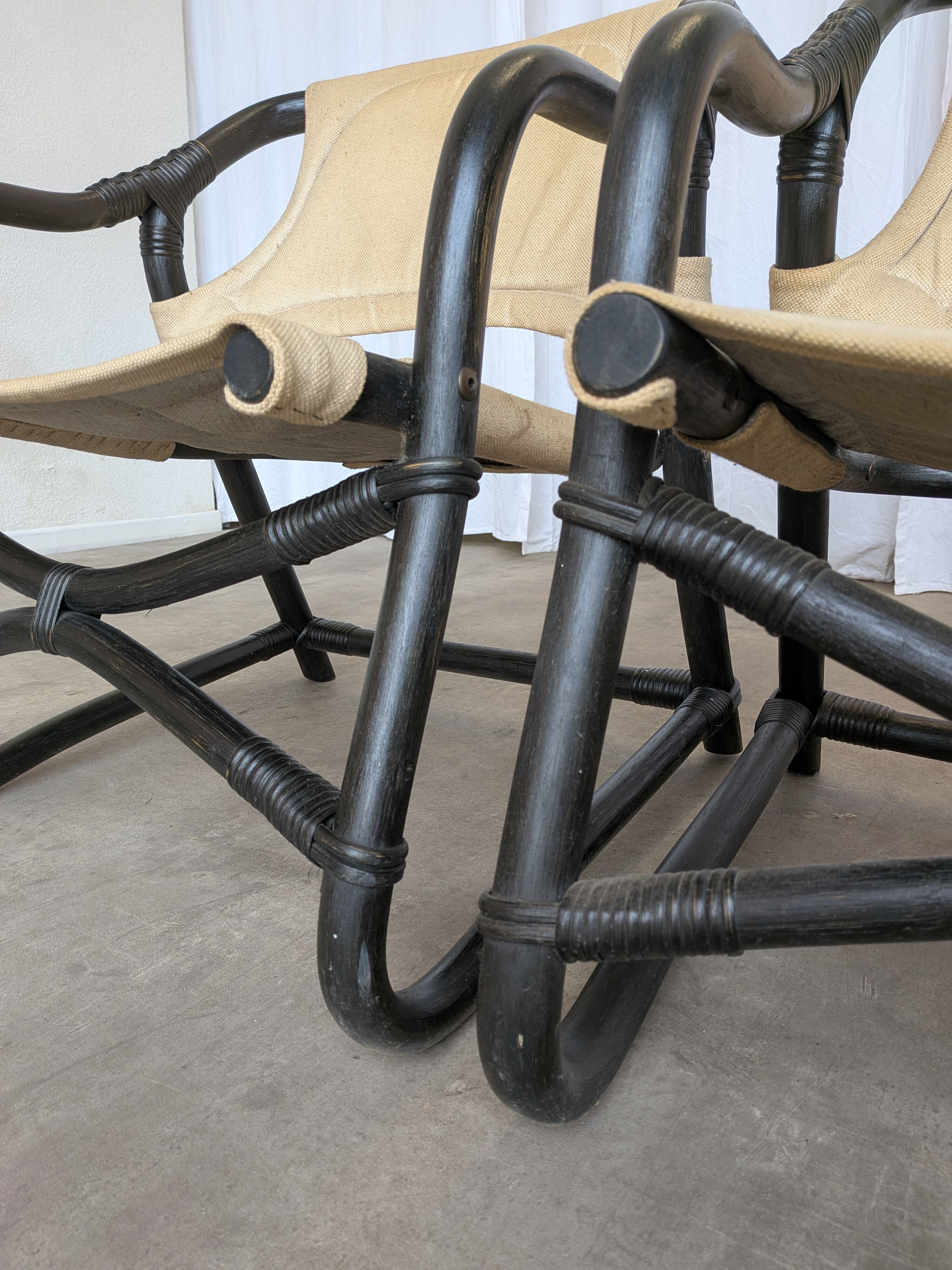 2 Vintage Espri Safari Lounge Armchairs / Rare Mid-century Black Bamboo and Beige Fabric Easy C