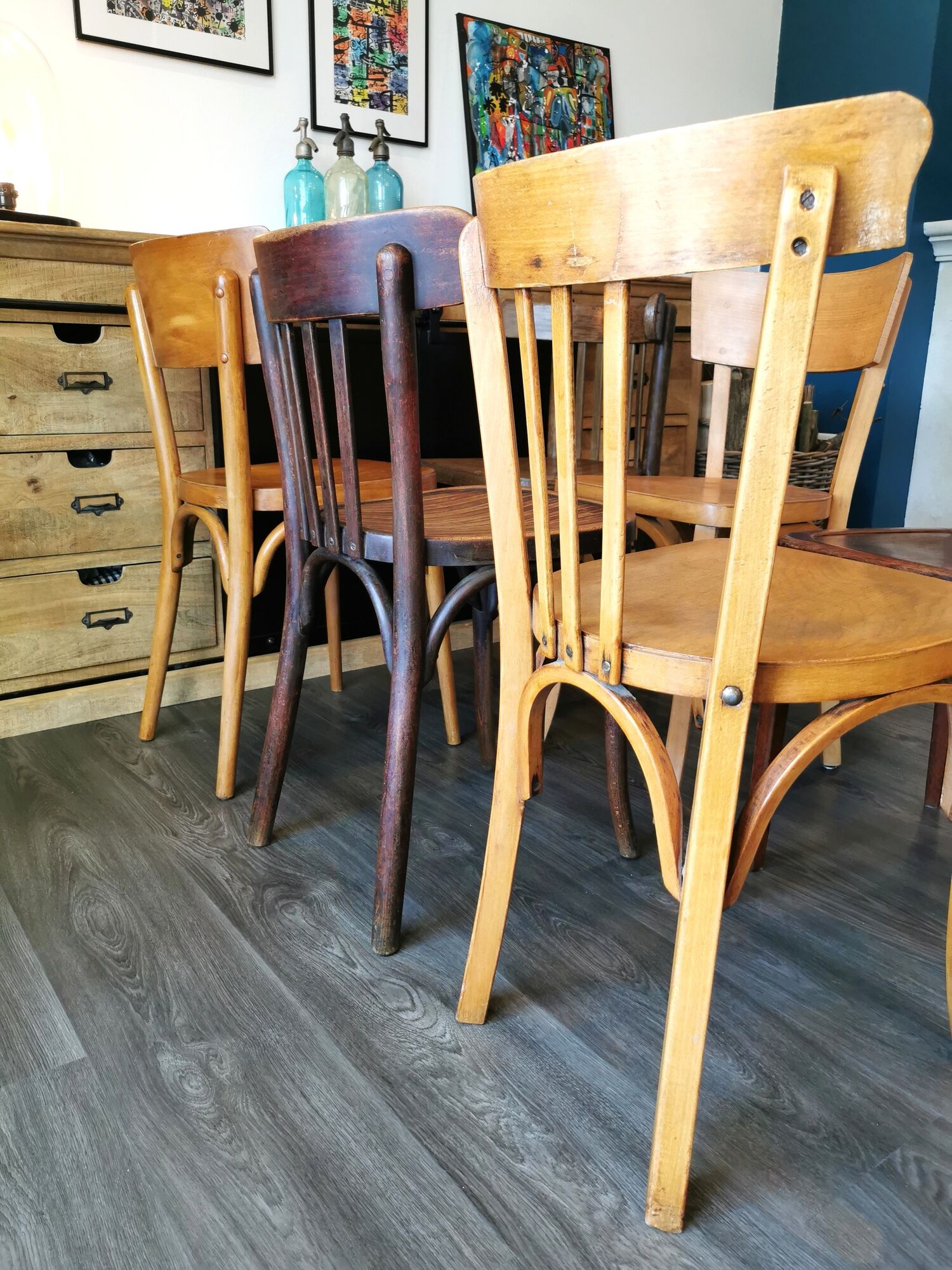 Baumann Stella and Luterma series of 6 mismatched bistro chairs