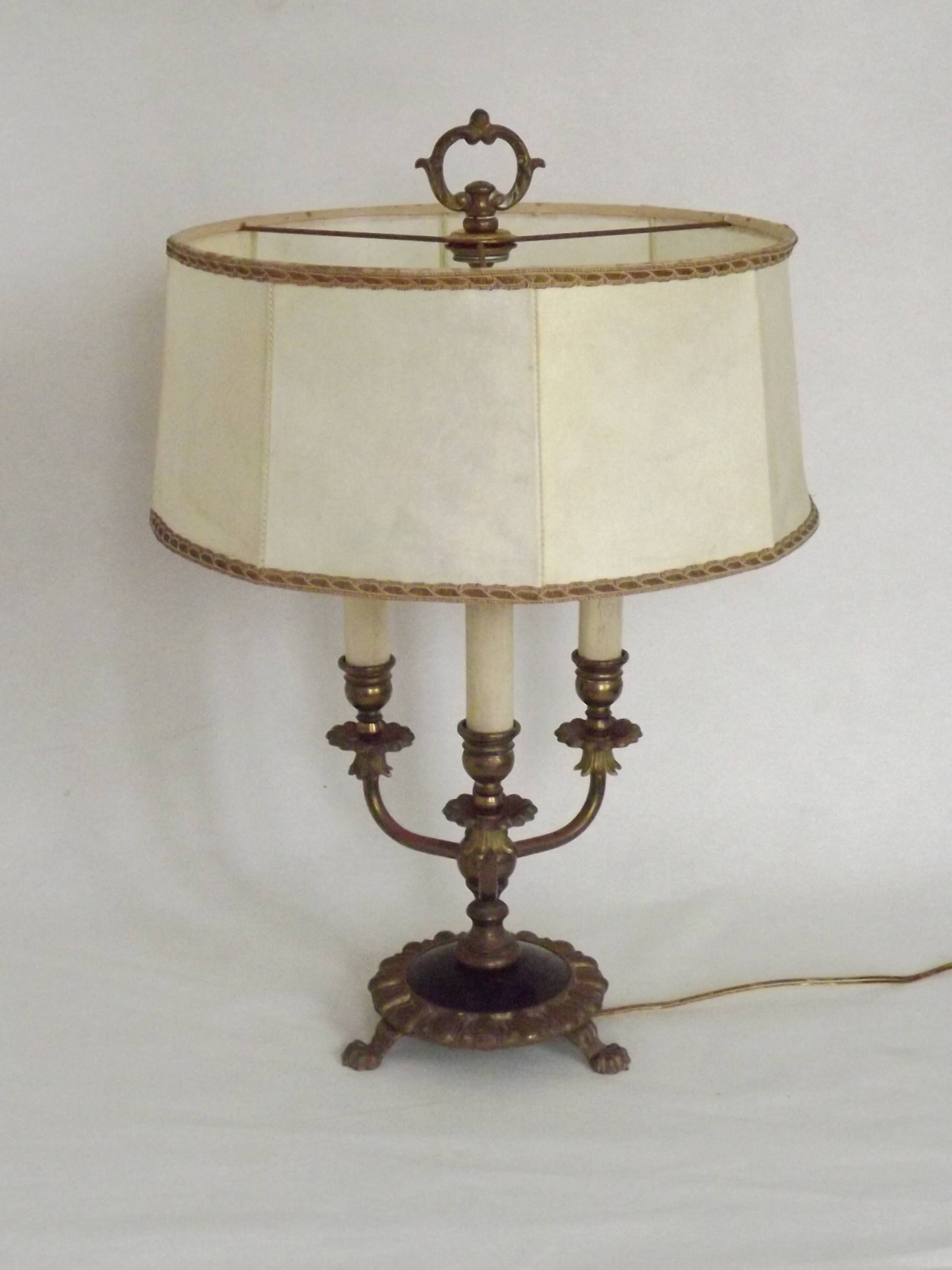 French Empire Style 3 Light Boulotte Table Lamp with Lion Feet and Shade