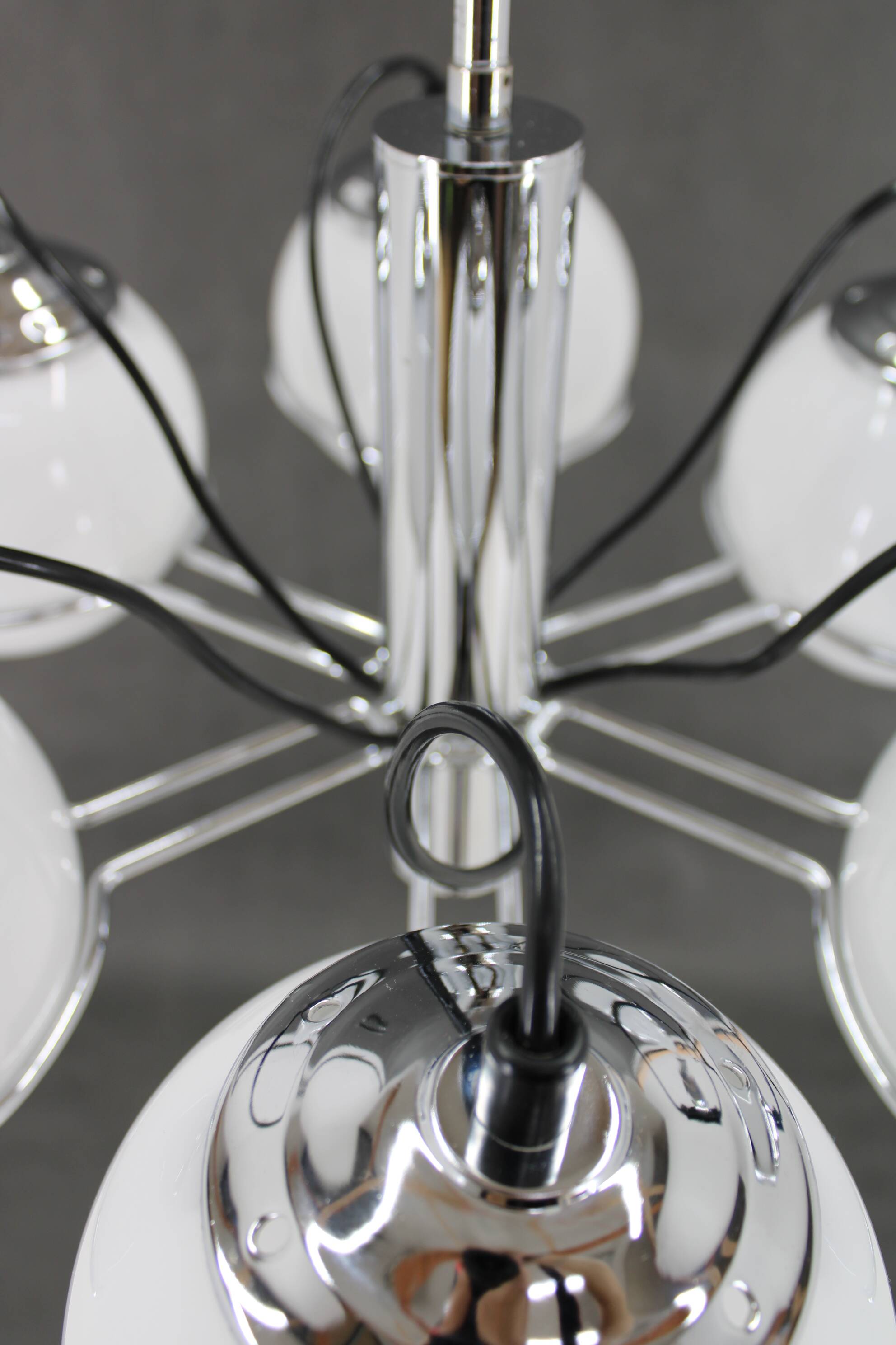 1970s Targetti Sankey Italian Chrome and Opaline Glass Chandelier