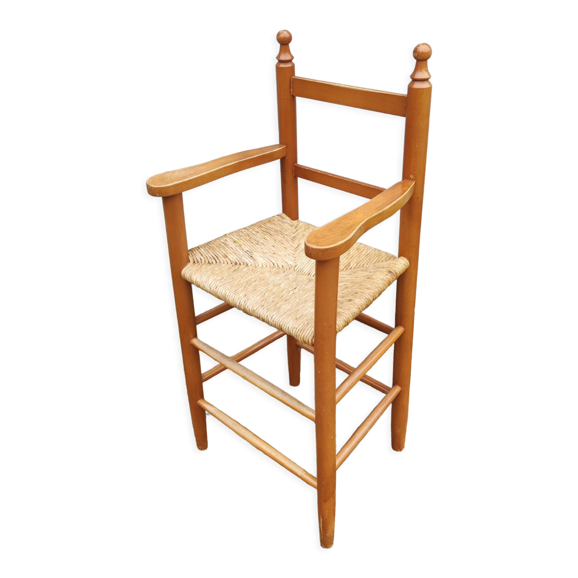 Chair armchair high child wood seat straw vintage