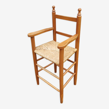 Chaise fauteuil haut enfant bois assise paillée vintage