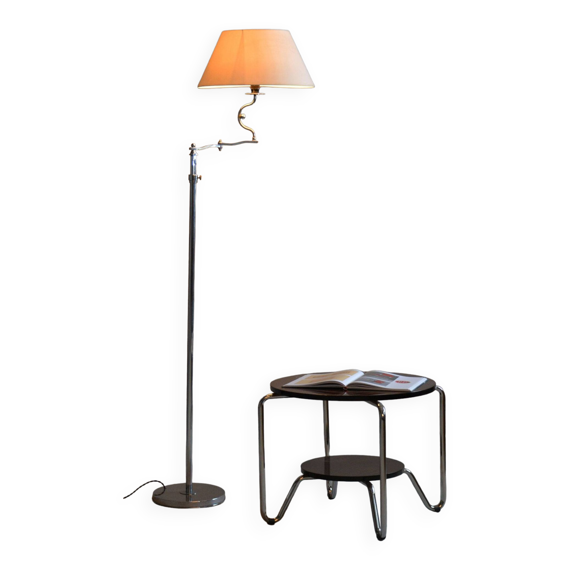 Czech Bauhaus Floor Lamp, Textile Lamp Shade, Chrom-Plated Steel, 1920s