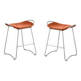 Pair of contemporary sculptural bar stools in black metal and leather.