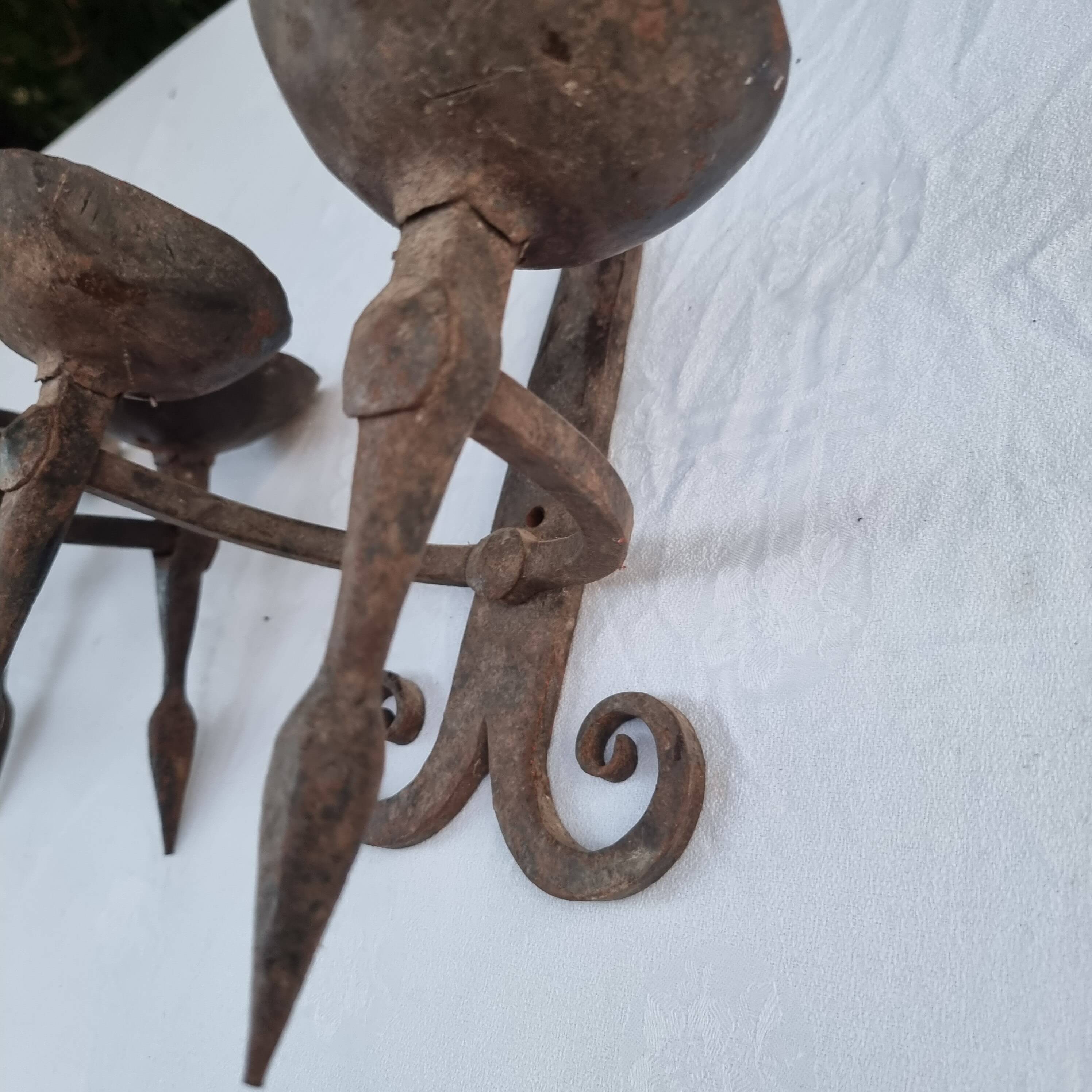 Pair of antique 15th century medieval castle wrought iron candlesticks
