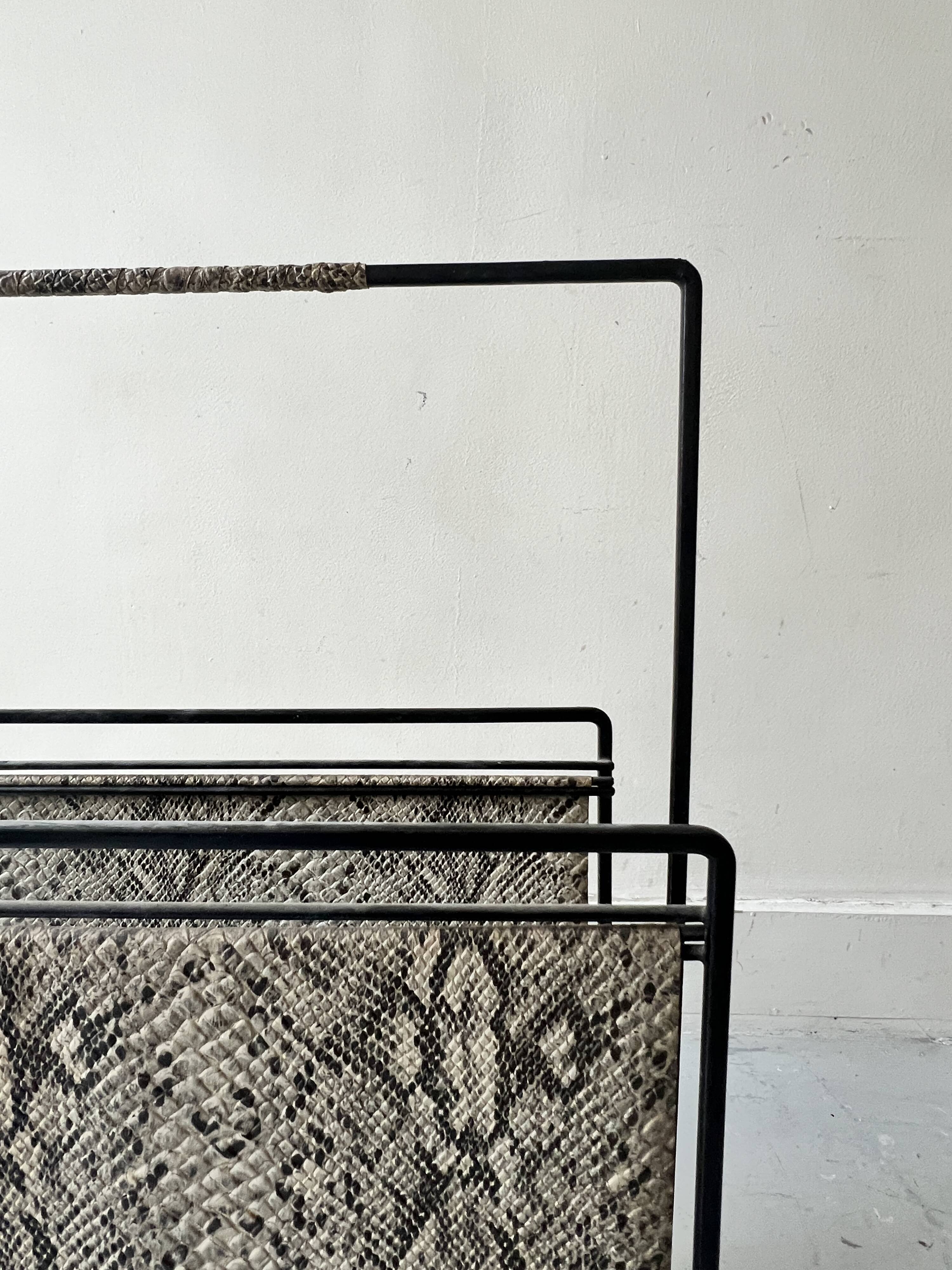 1970s design magazine rack in metal and python leather
