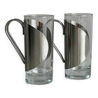 2 glasses with metal handles, stainless steel.